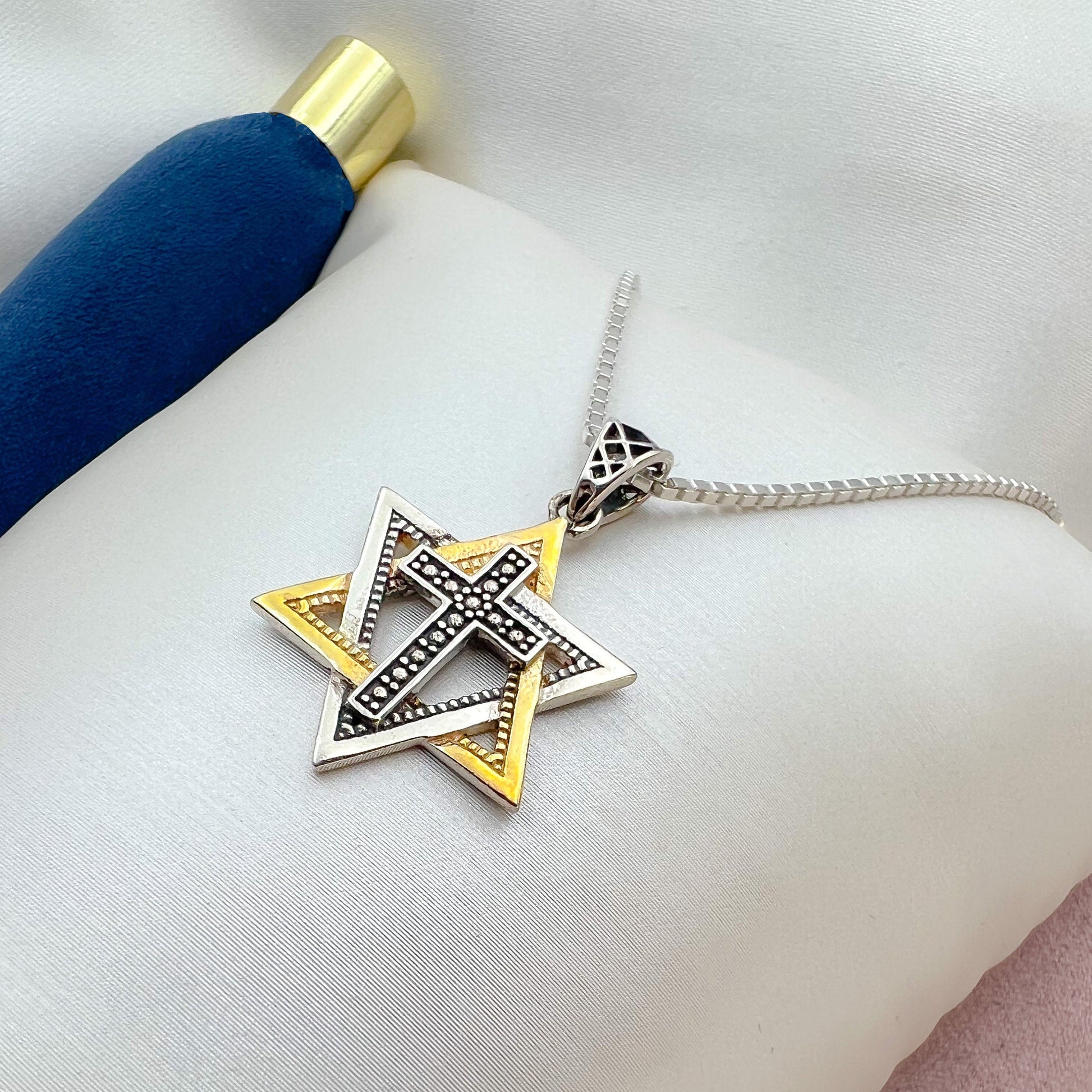 Messianic Elegance Sterling Silver and Gold David Star with Cross Pendant