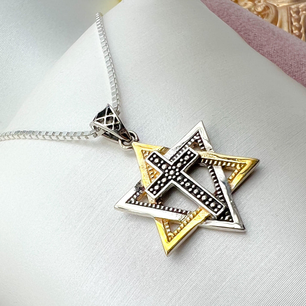 Messianic Elegance Sterling Silver and Gold David Star with Cross Pendant