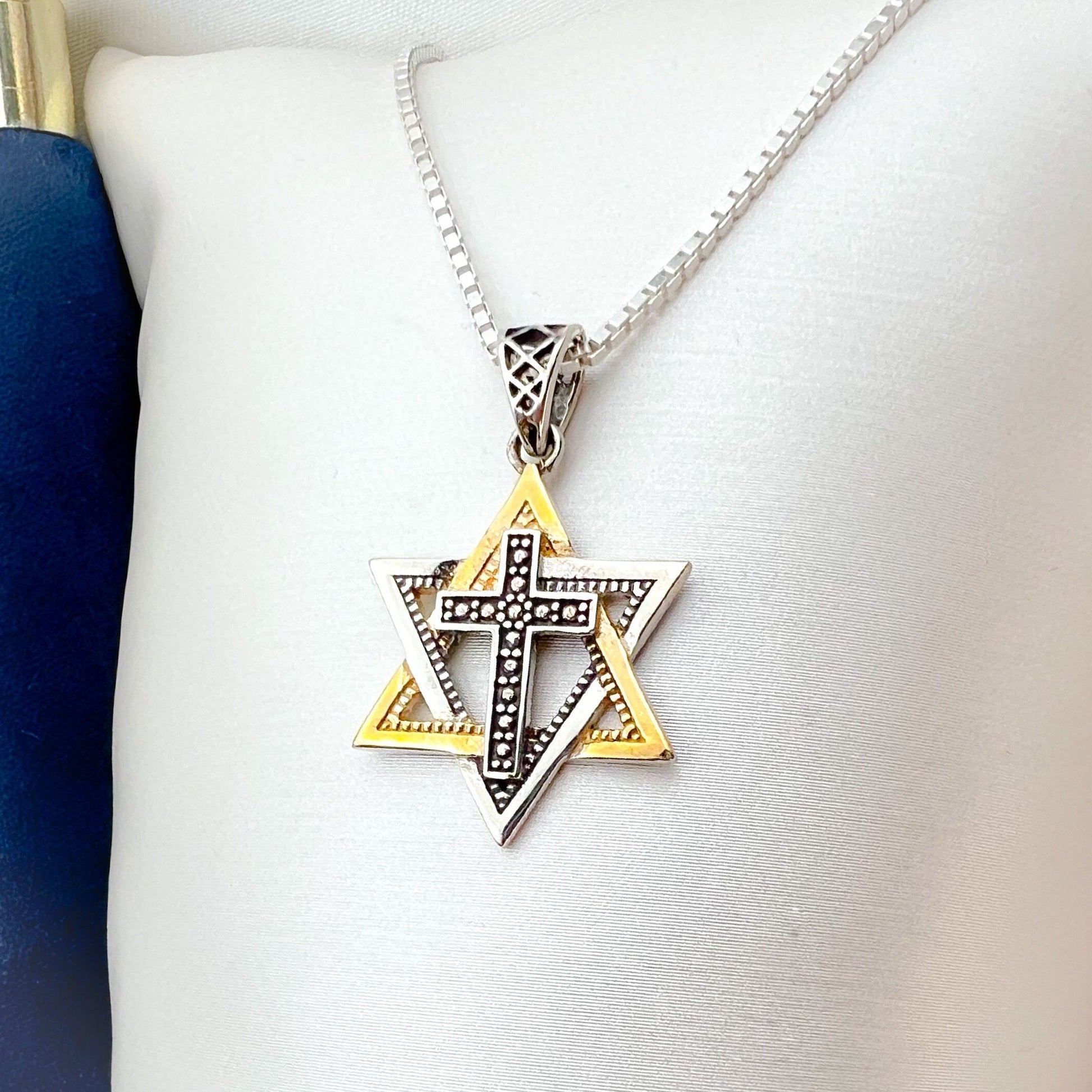 Messianic Elegance Sterling Silver and Gold David Star with Cross Pendant