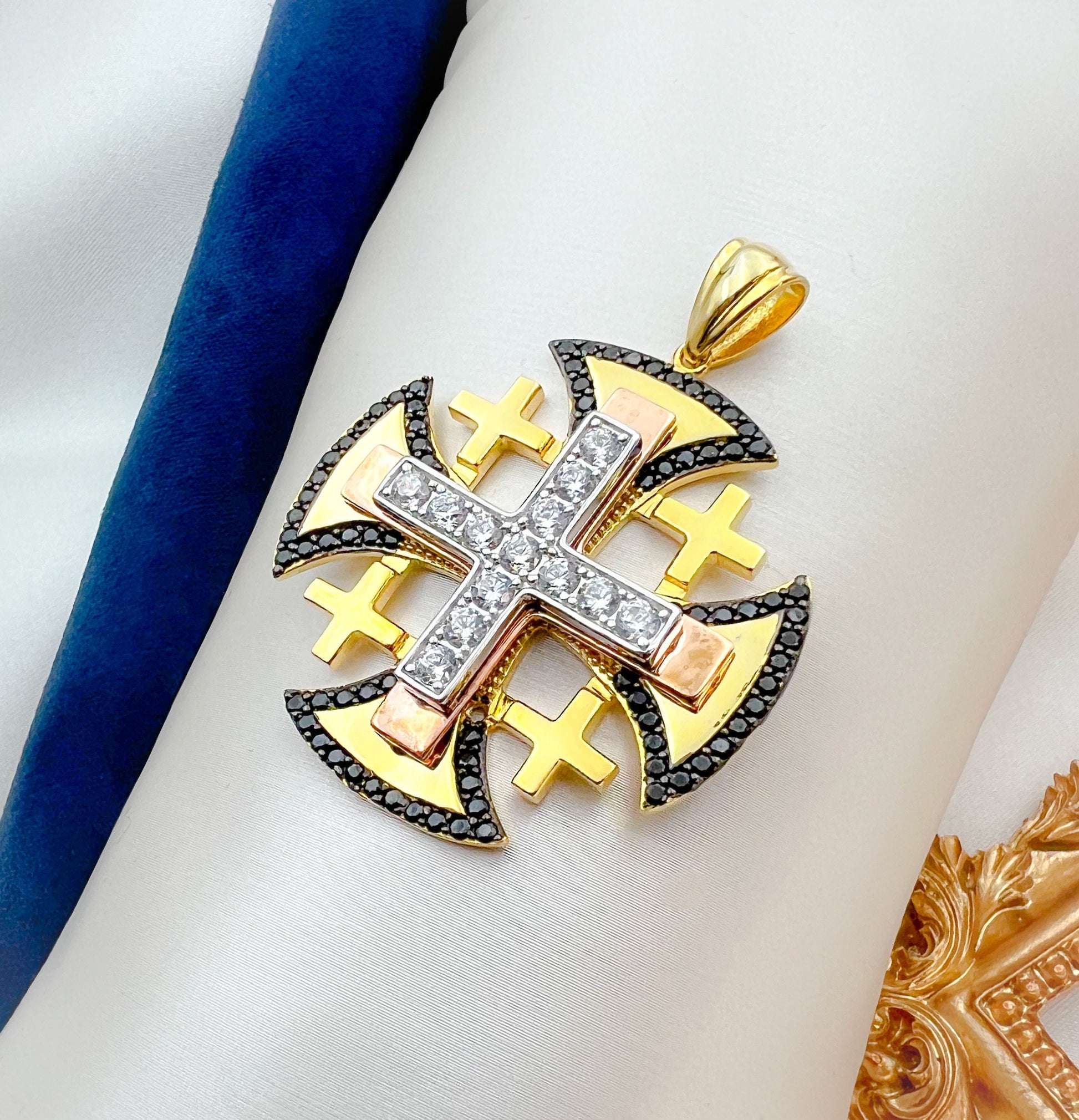 Sacred Jerusalem Cross Pendant with Black Onyx and Zircons in Silver and Gold