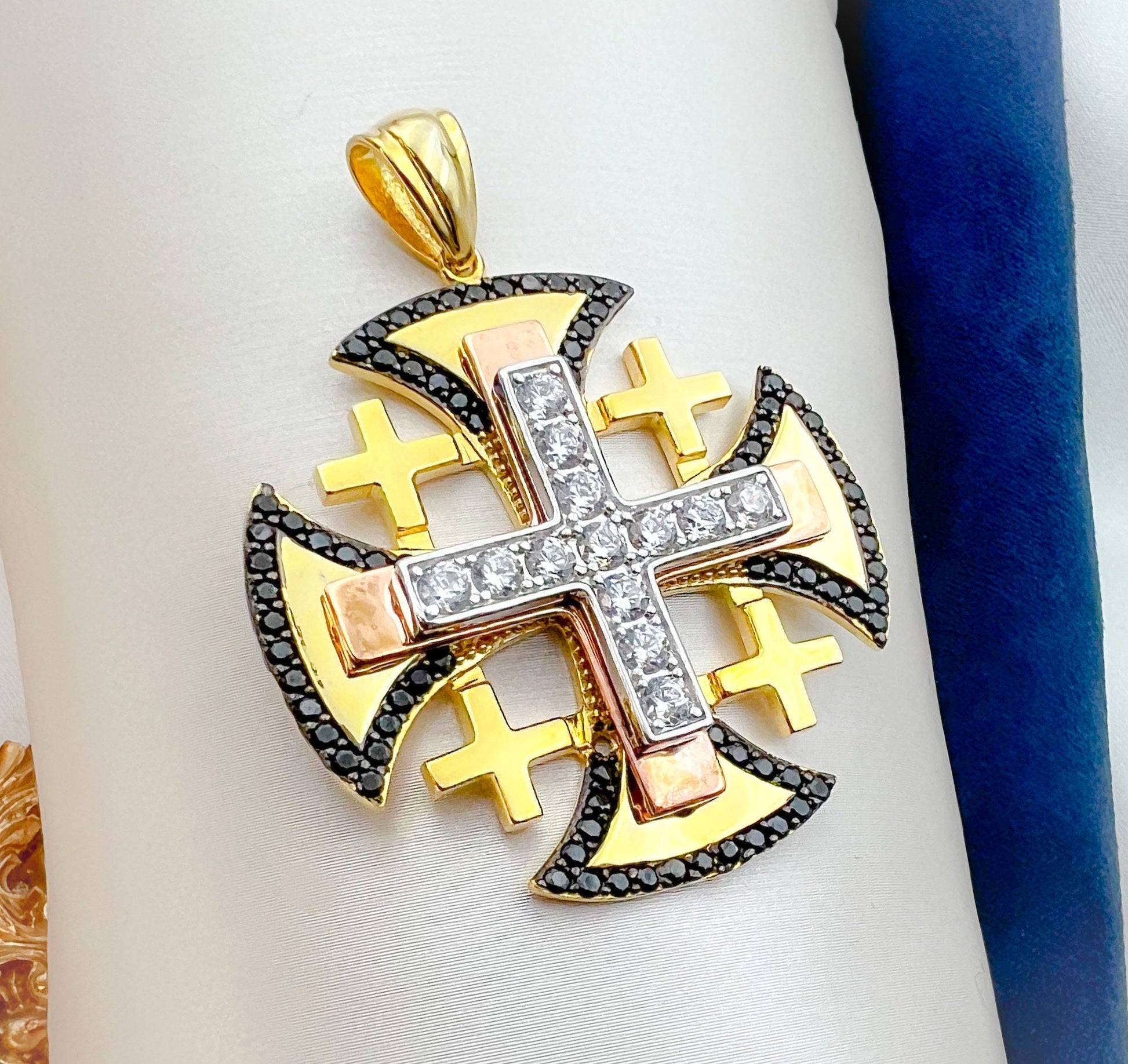 Sacred Jerusalem Cross Pendant with Black Onyx and Zircons in Silver and Gold