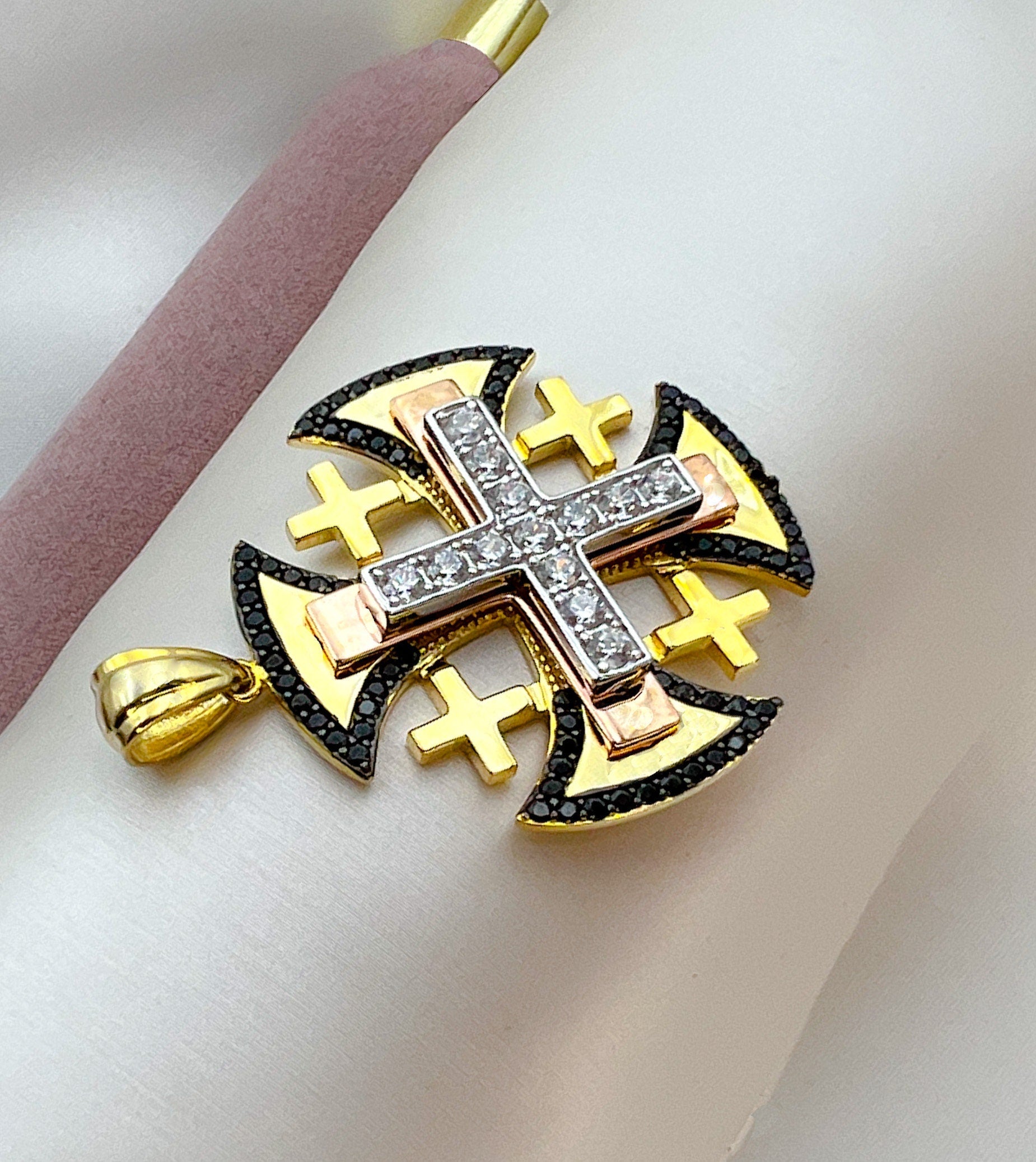 Sacred Jerusalem Cross Pendant with Black Onyx and Zircons in Silver and Gold