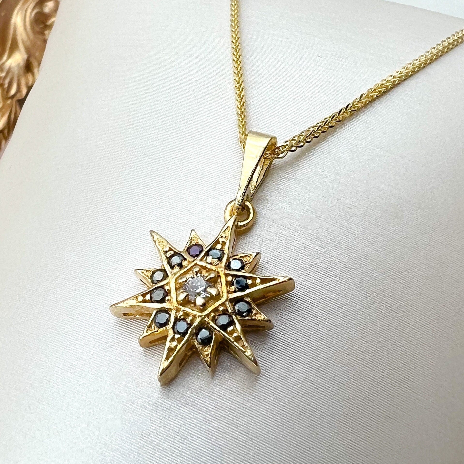 Star of Bethlehem 14k Gold Pendant with White Zircons and 14k Gold Chain