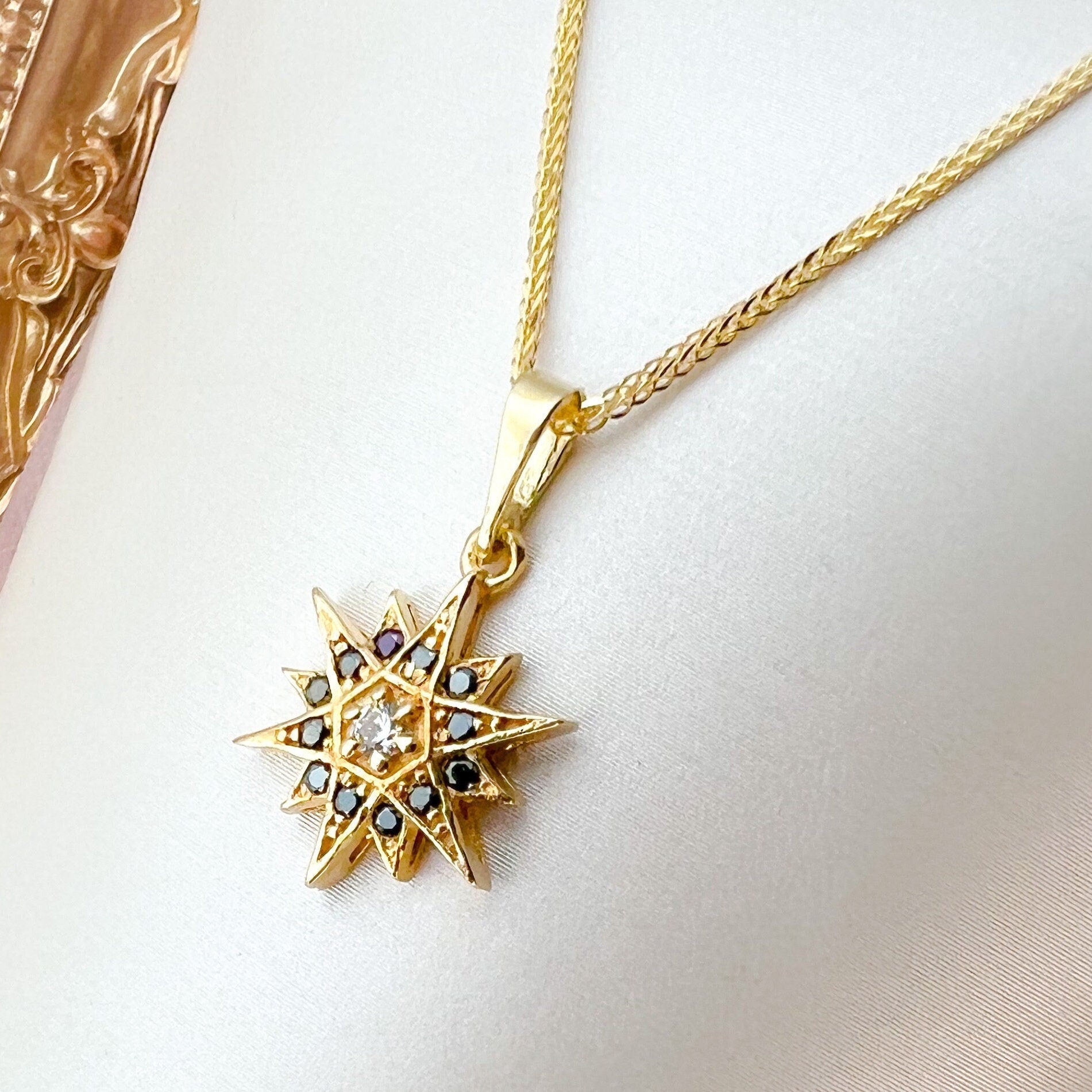 Star of Bethlehem 14k Gold Pendant with White Zircons and 14k Gold Chain