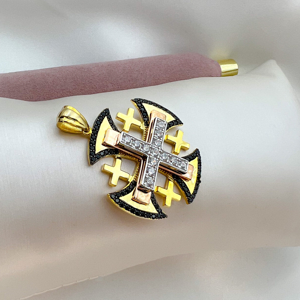 Jerusalem Cross Pendant with Black Onyx and Sparkling Zircons