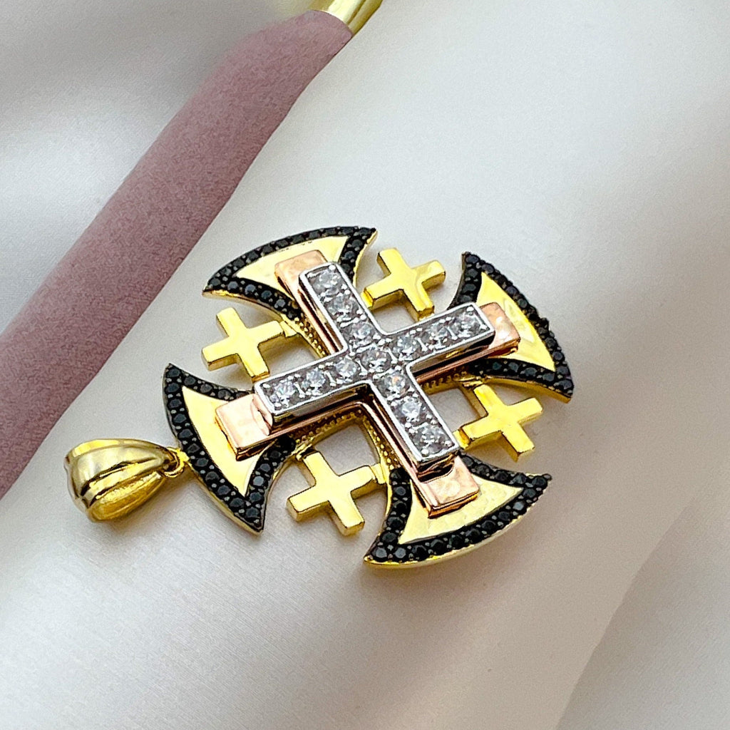 Jerusalem Cross Pendant with Black Onyx and Sparkling Zircons