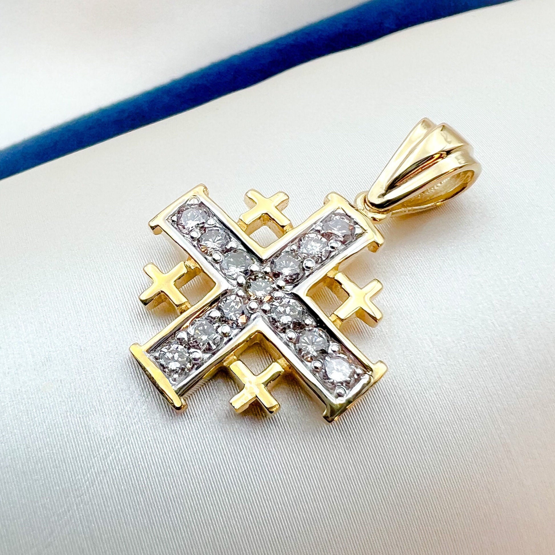 Jerusalem Cross Pendant | Symbol of Devotion with 13 Diamonds 0.65ct in 14k Gold