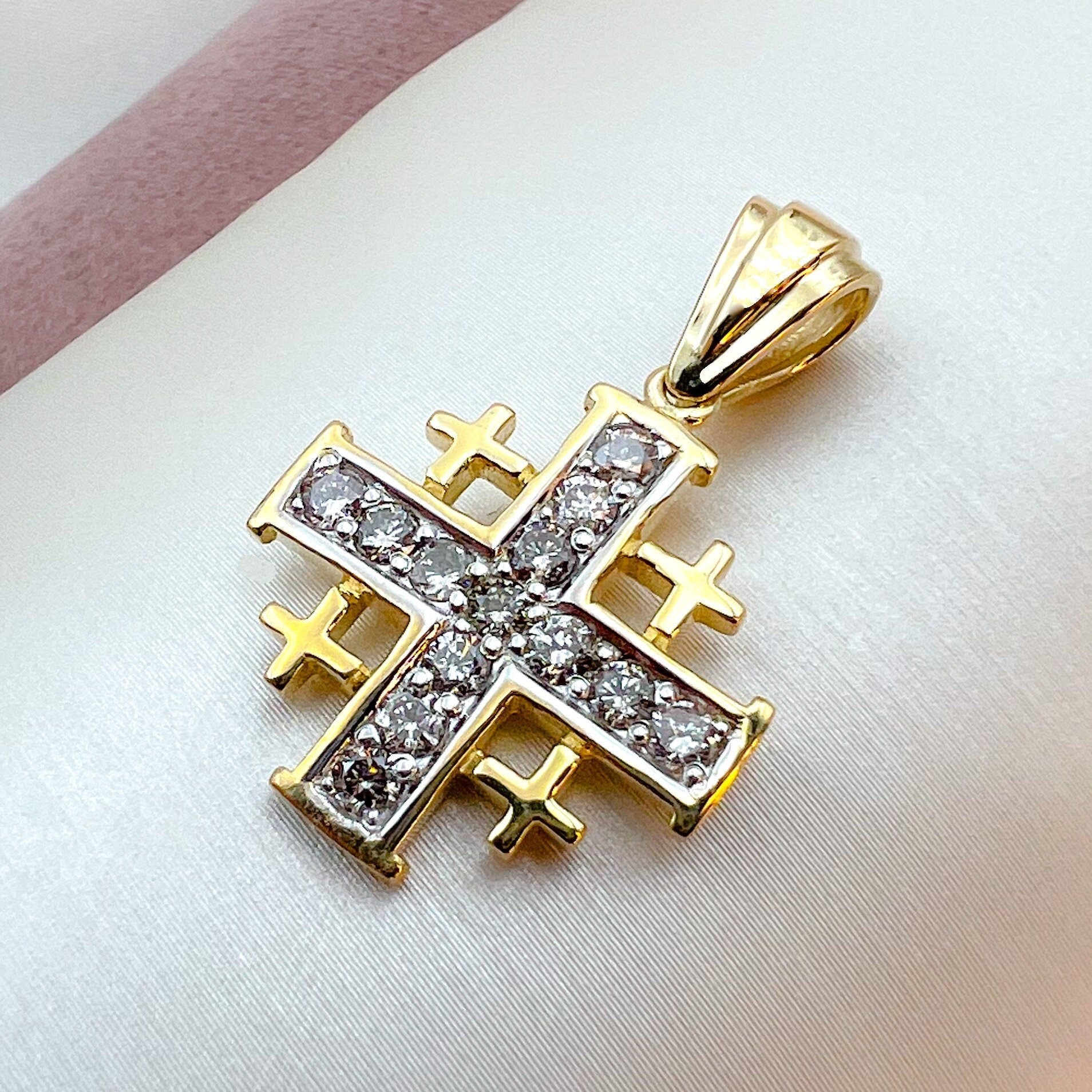 Jerusalem Cross Pendant | Symbol of Devotion with 13 Diamonds 0.65ct in 14k Gold