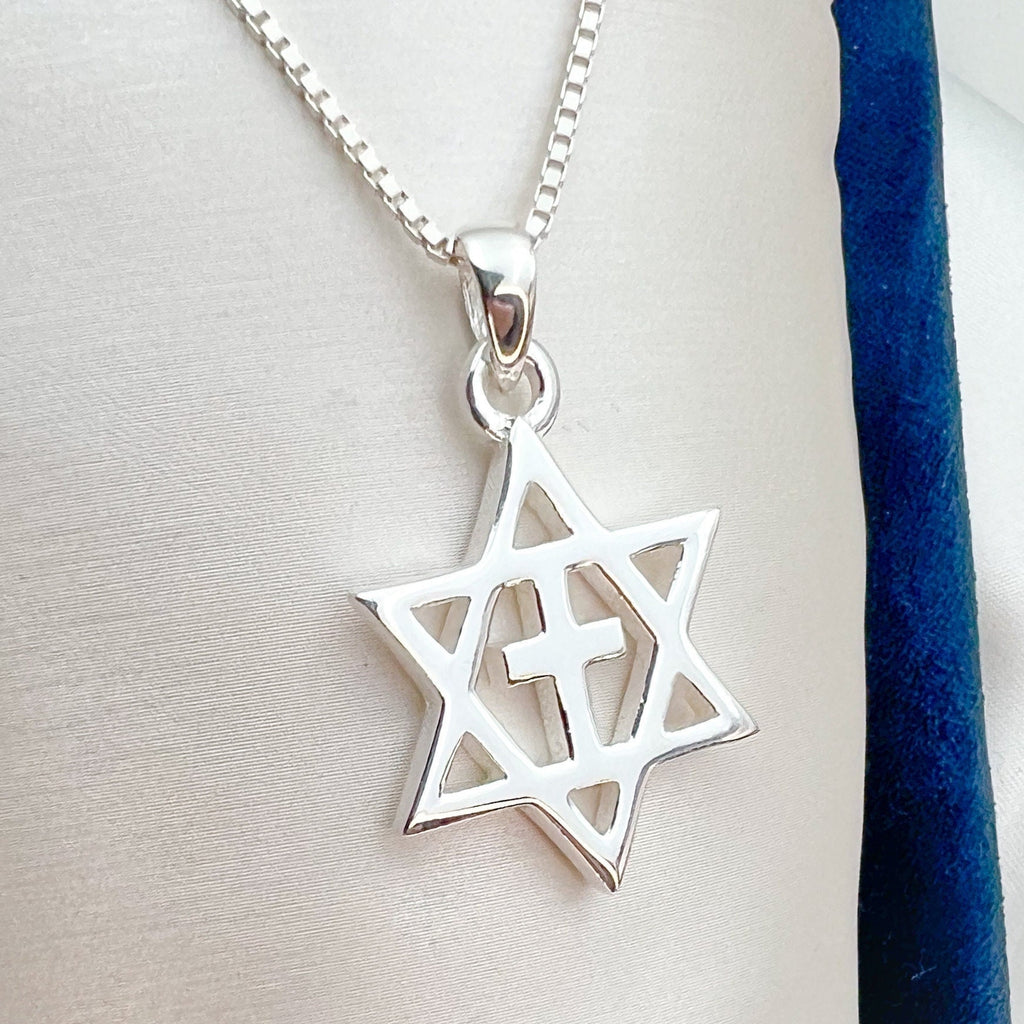 Messianic David Star Pendant with Cross in 925 Silver