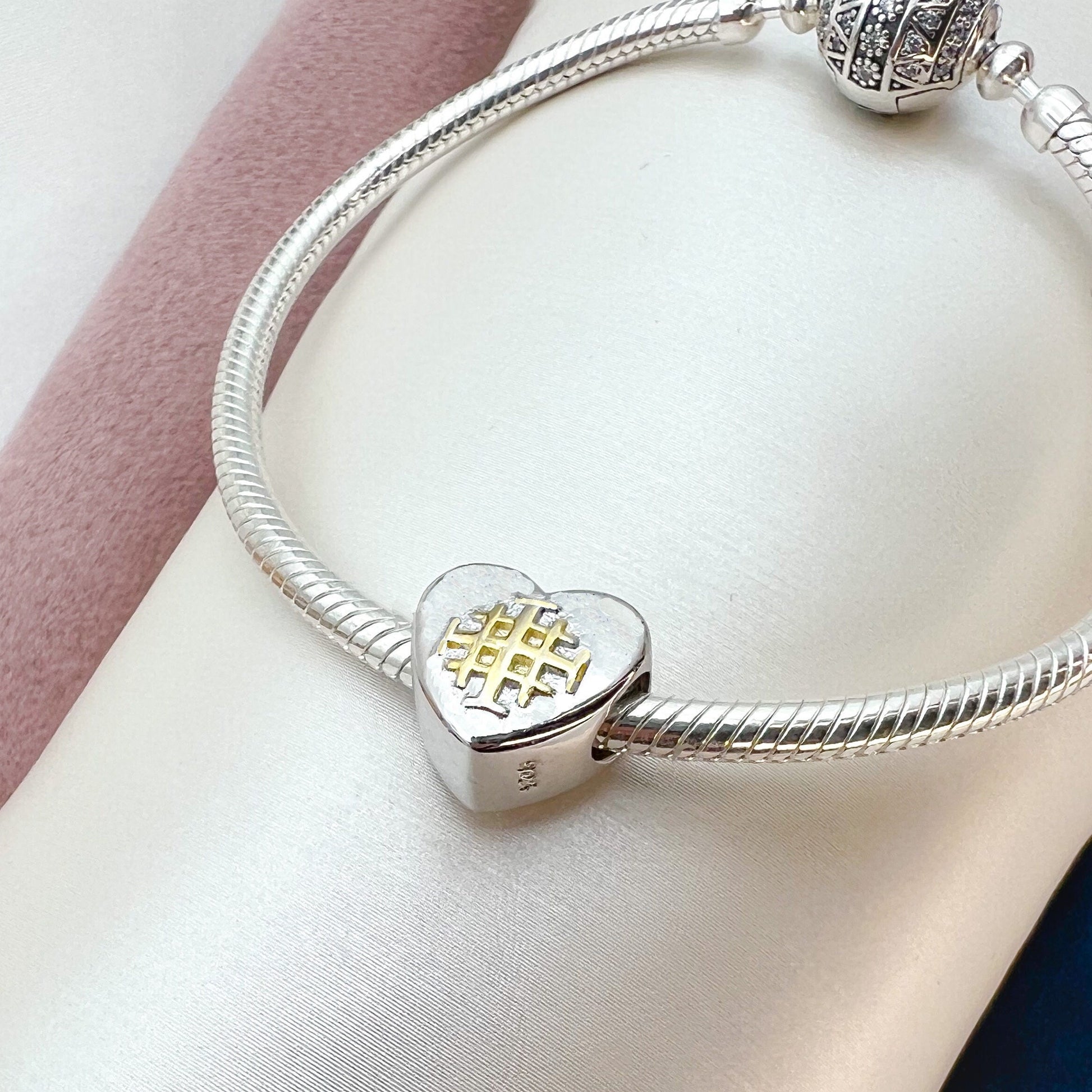 Jerusalem Cross Sacred Heart Charm Sterling Silver 925 and Gold - for Pandora Bracelet