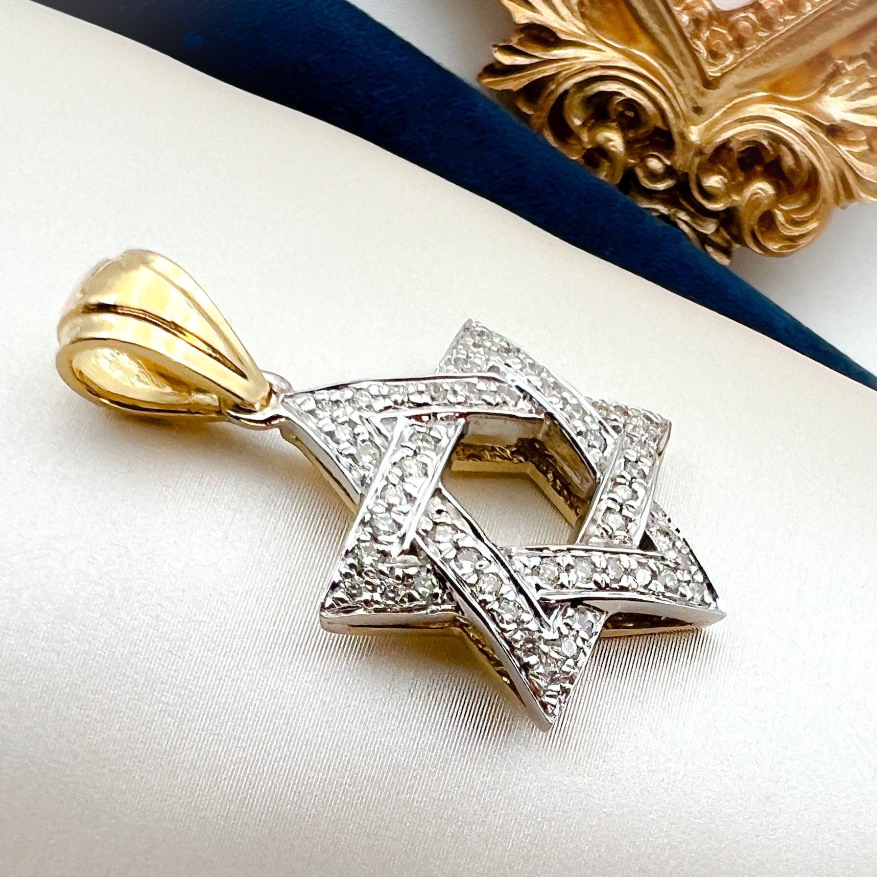 Diamond Studded David Star Pendant in 14k Gold