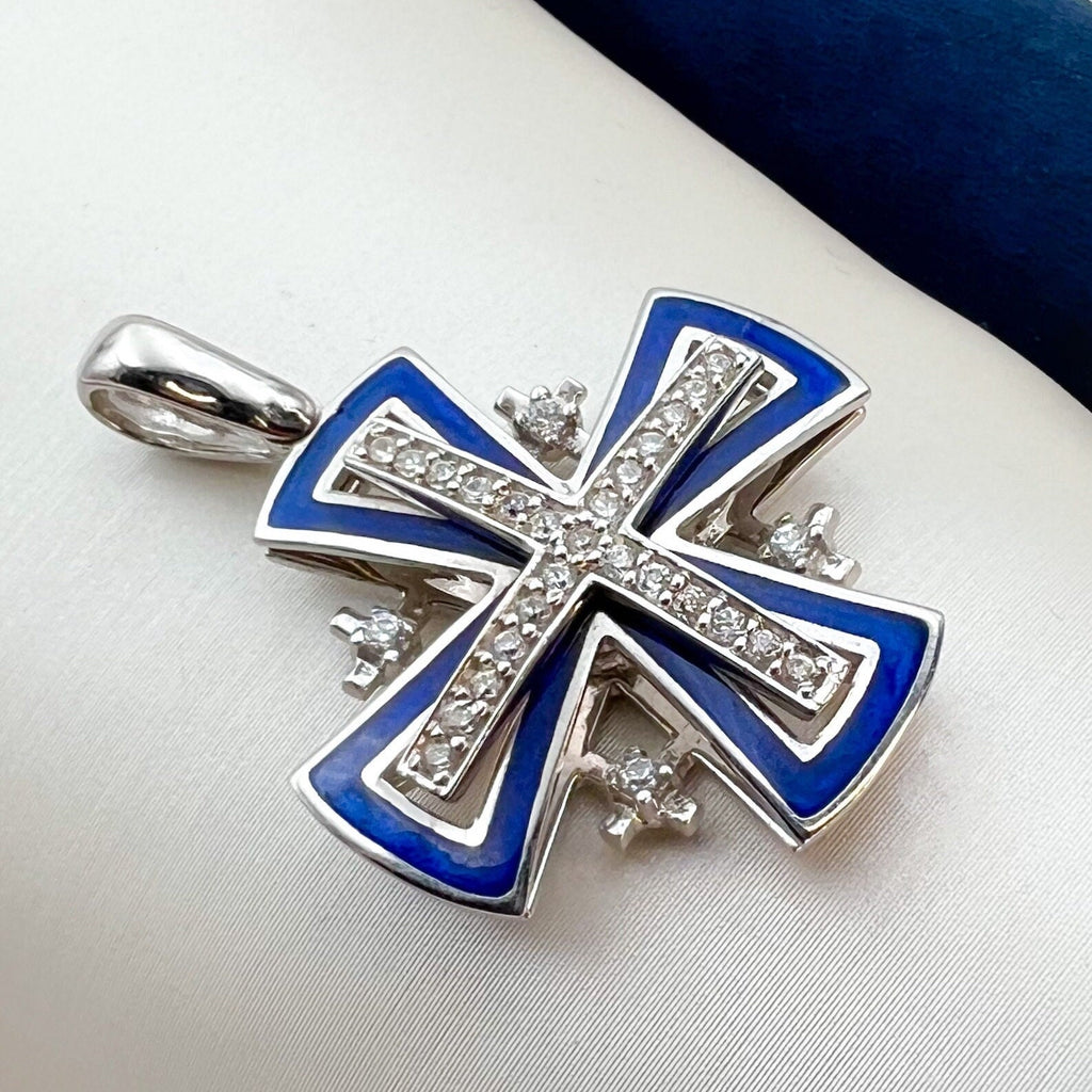 Big 14k White Gold Jerusalem Cross Pendant with Zircons and Blue Enamel