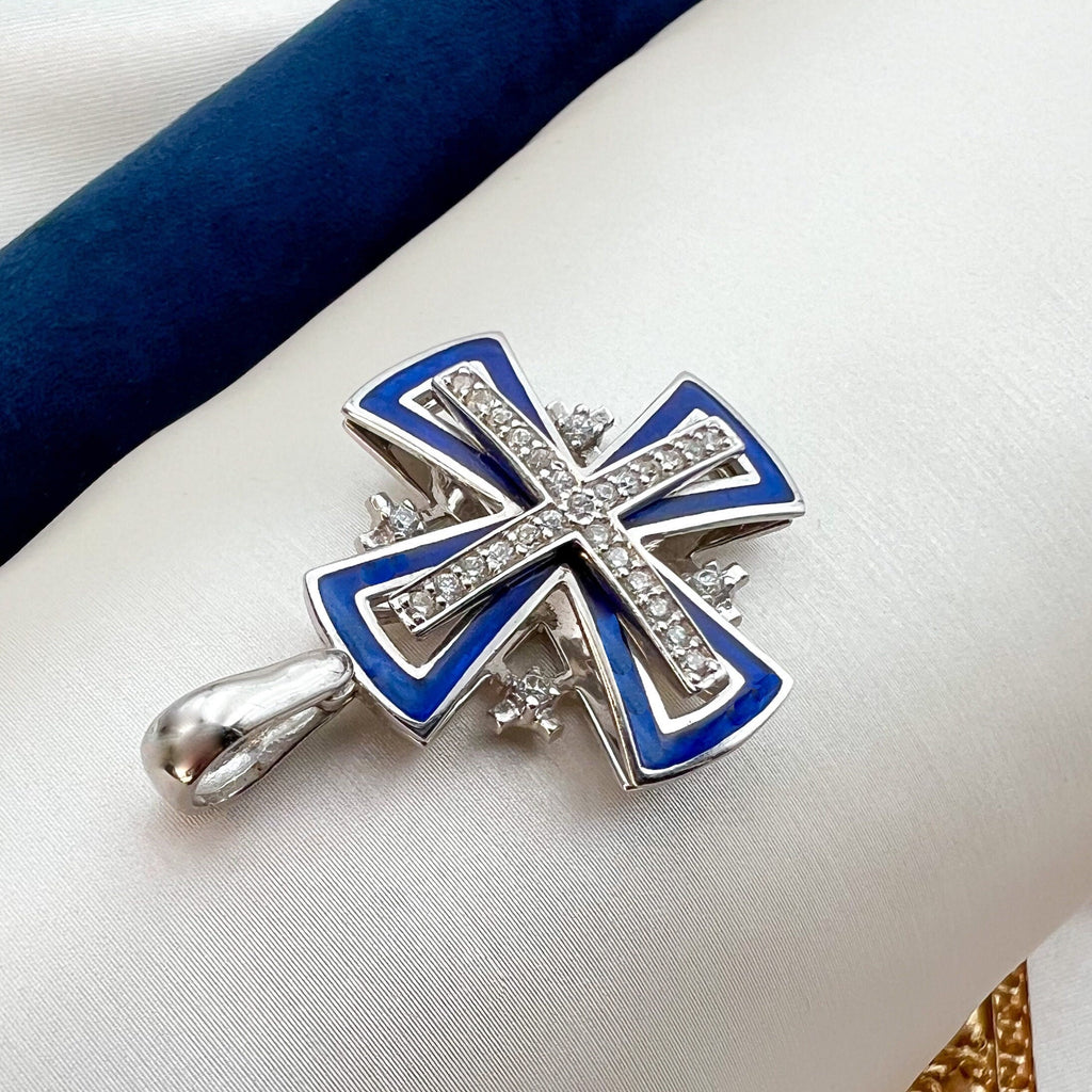 Big 14k White Gold Jerusalem Cross Pendant with Zircons and Blue Enamel