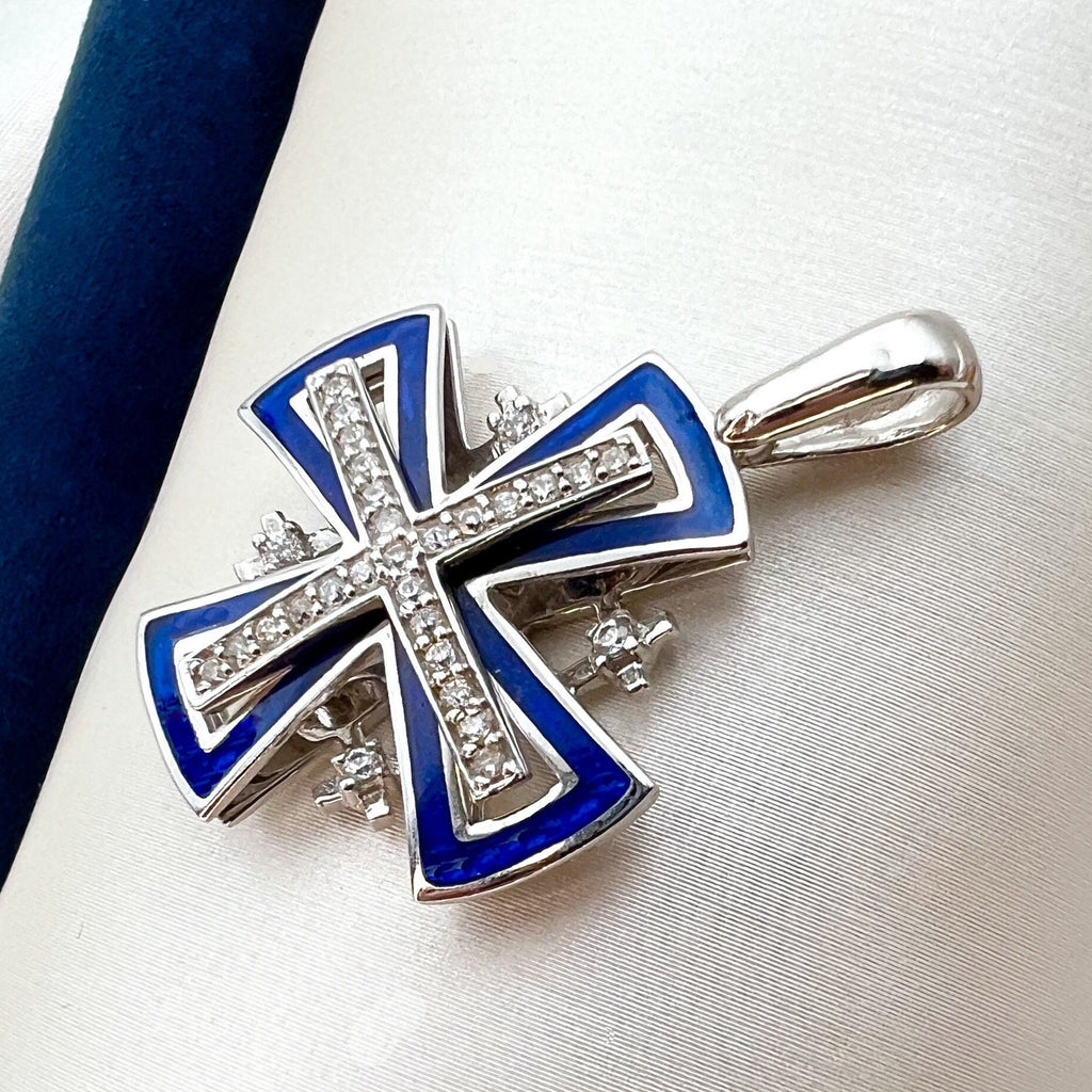 Big 14k White Gold Jerusalem Cross Pendant with Zircons and Blue Enamel