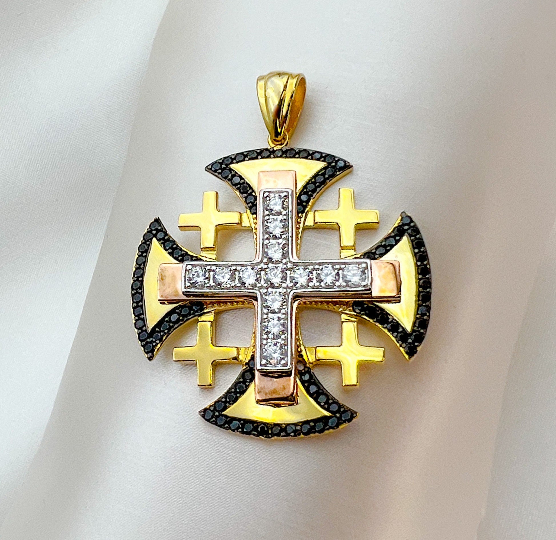 Sacred Jerusalem Cross Pendant with Black Onyx and Zircons in Silver and Gold