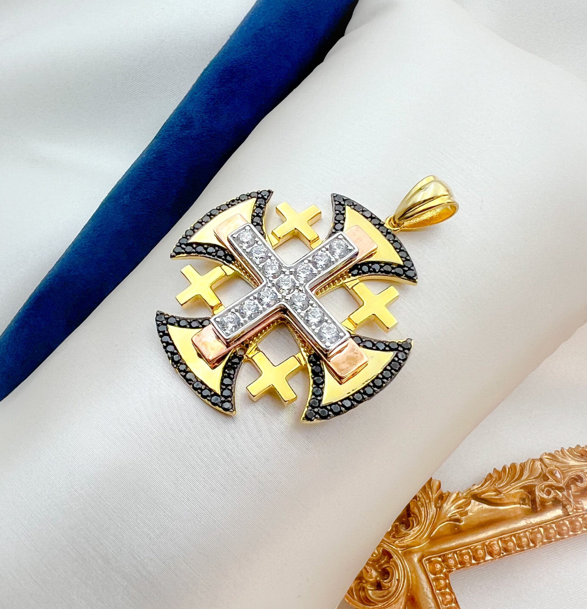 Sacred Jerusalem Cross Pendant with Black Onyx and Zircons in Silver and Gold