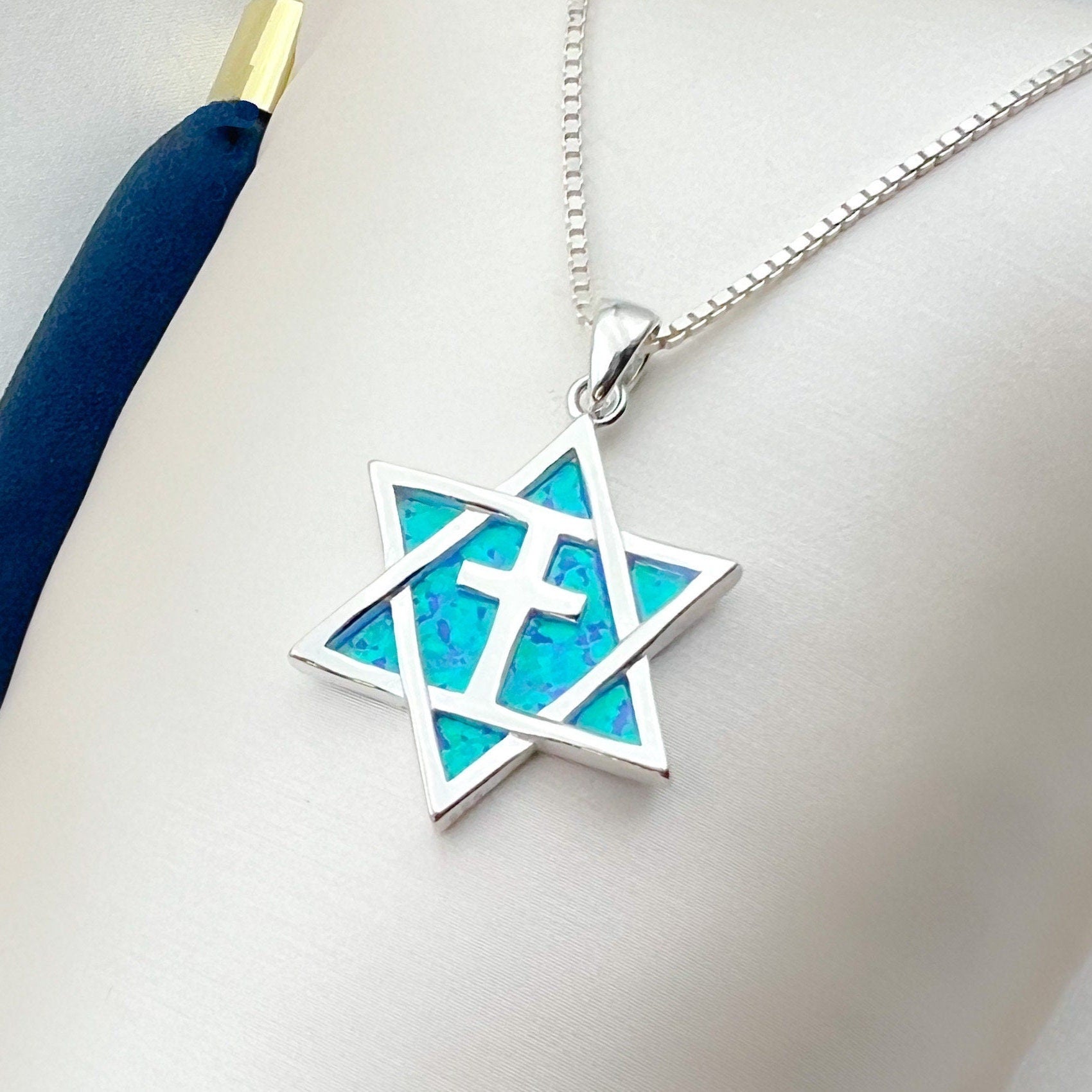Messianic Star of David Cross Pendant with Blue Opal