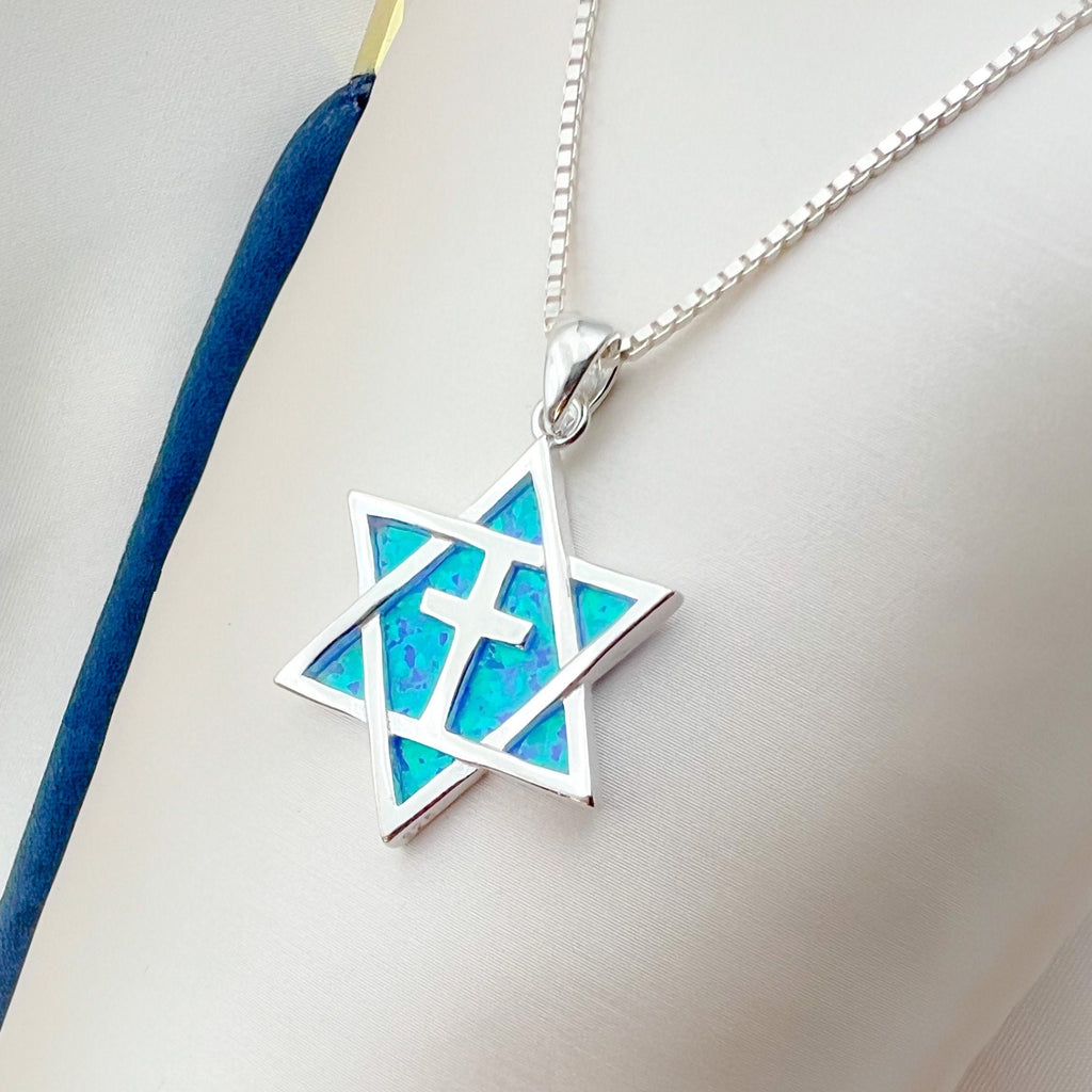 Messianic Star of David Cross Pendant with Blue Opal