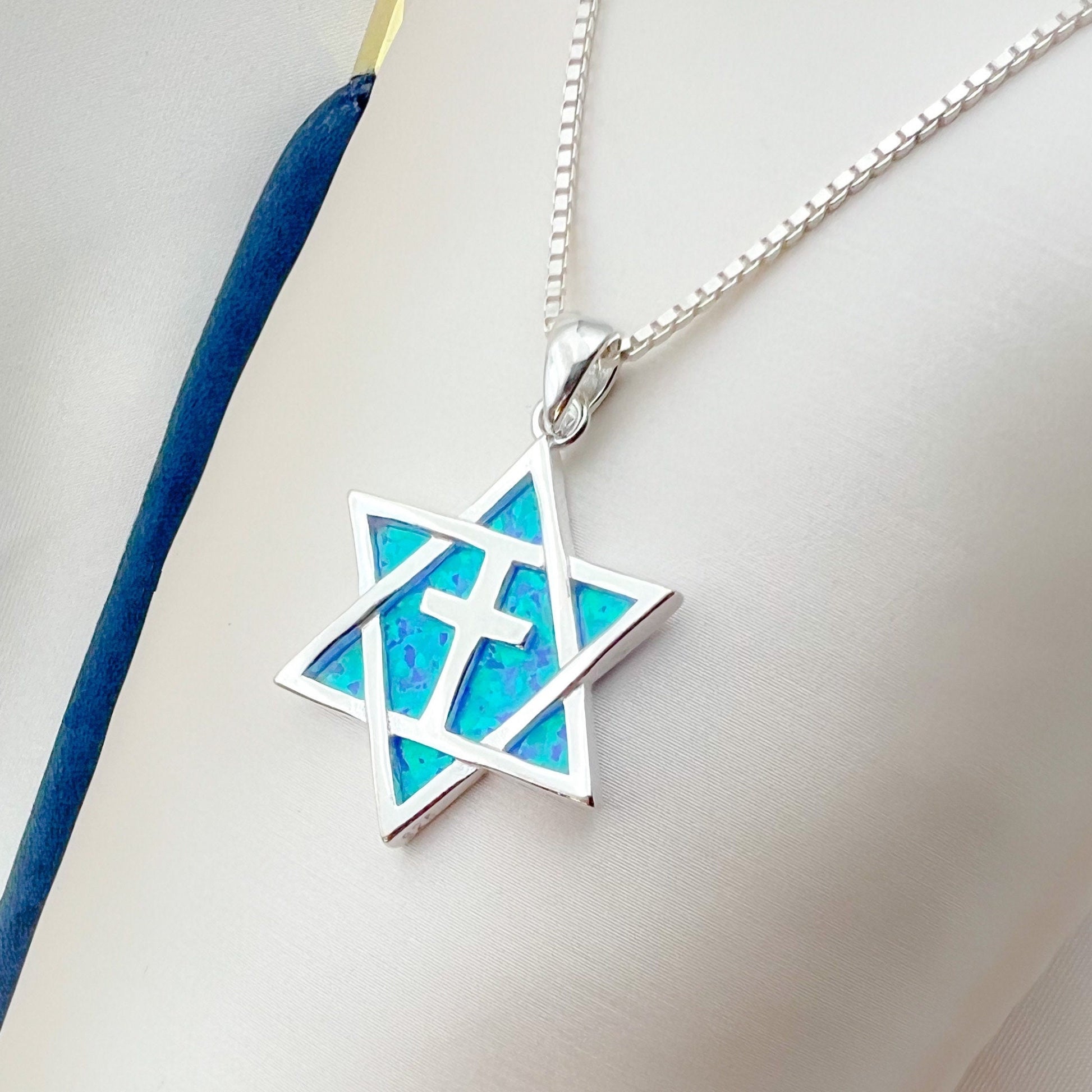 Messianic Star of David Cross Pendant with Blue Opal