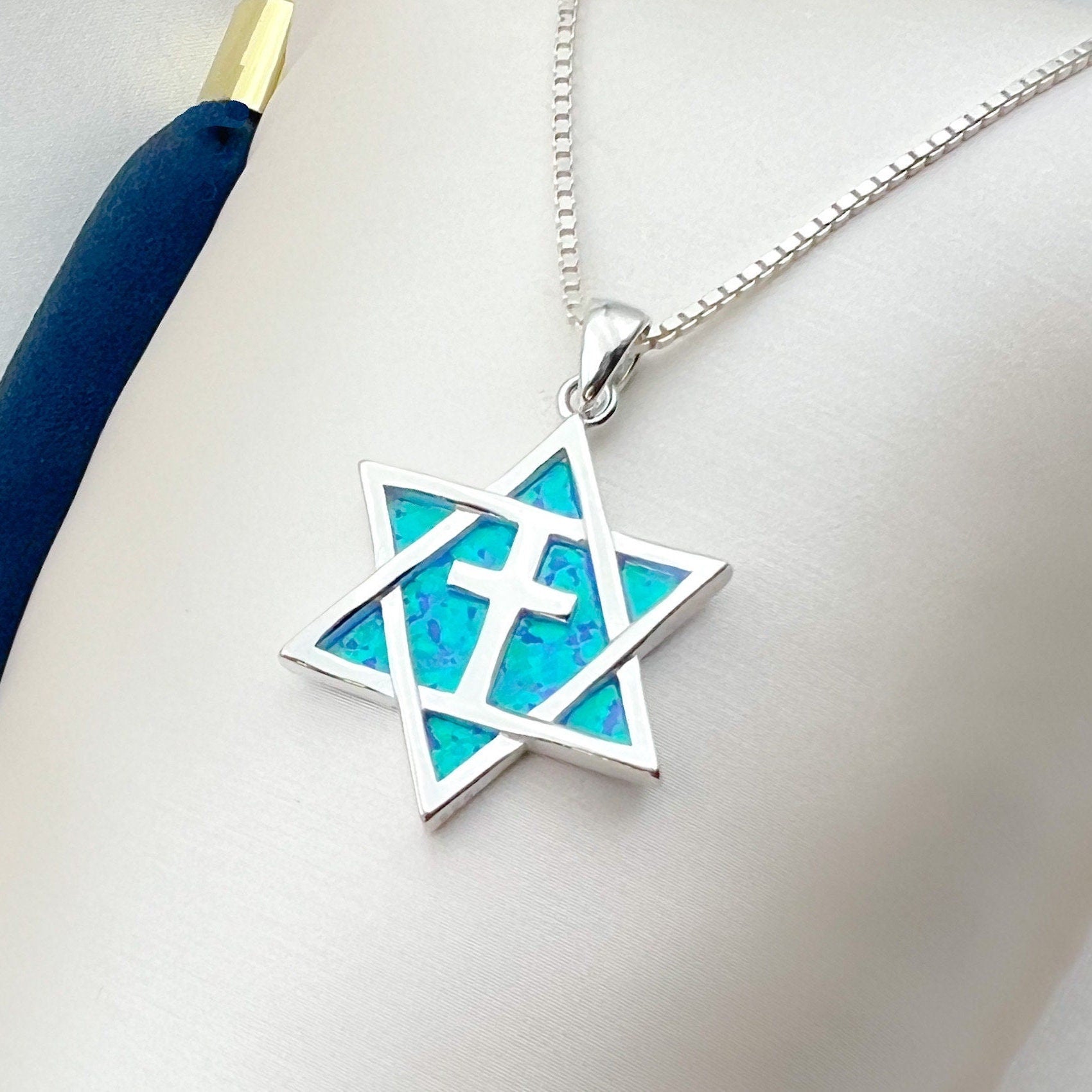 Messianic Star of David Cross Pendant with Blue Opal