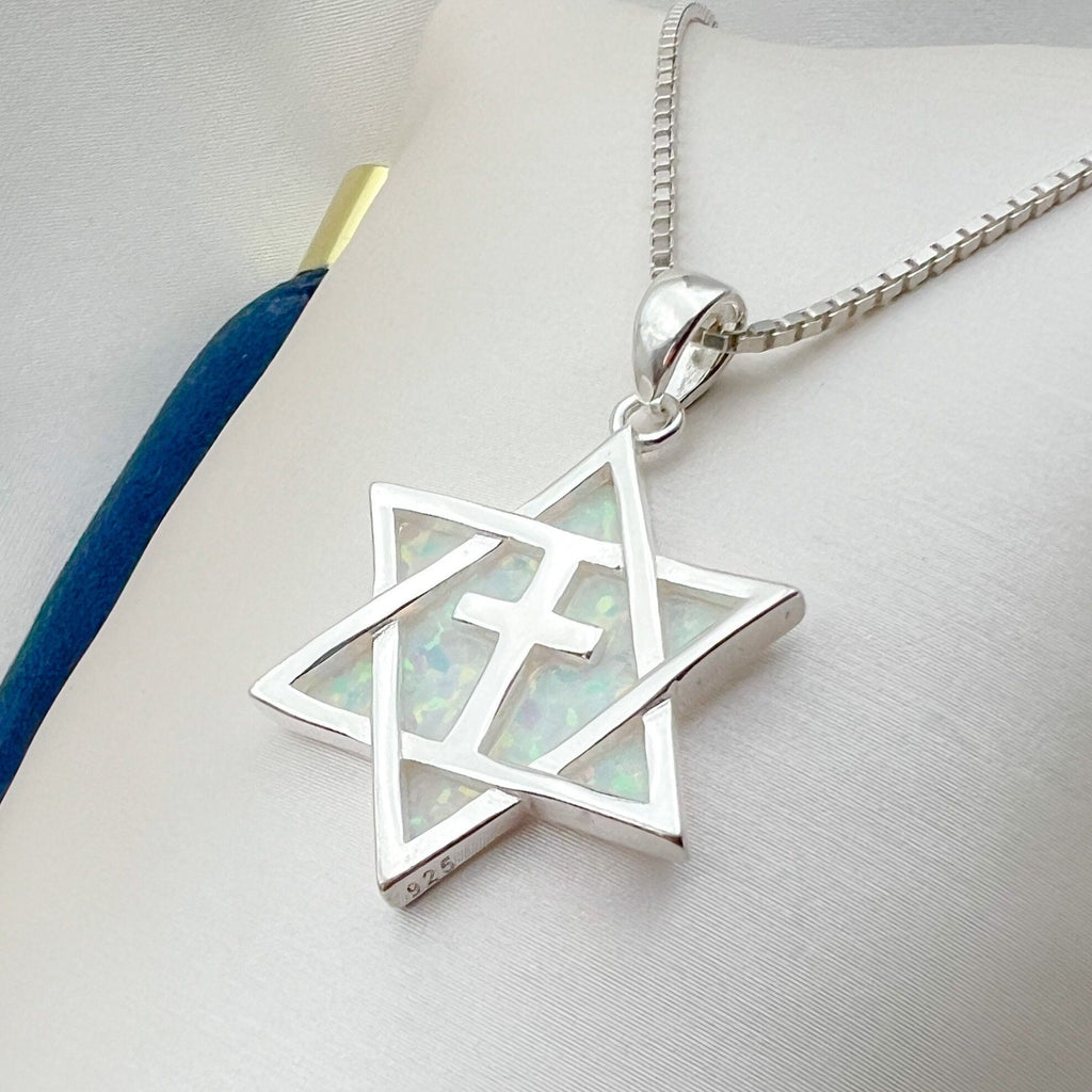 Messianic Star of David Cross Pendant with White Opal