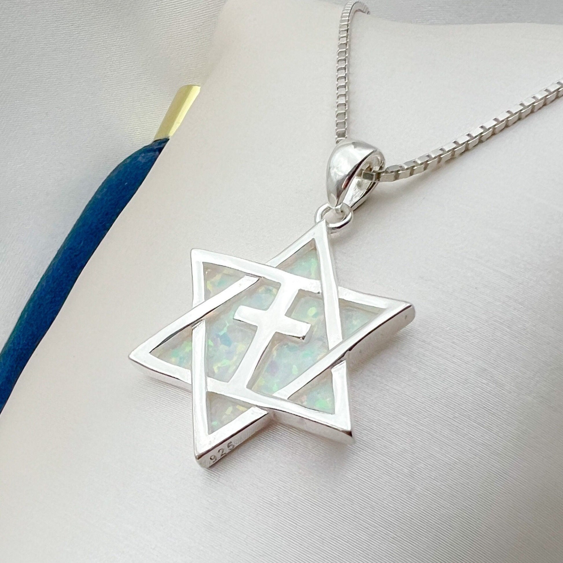Messianic Star of David Cross Pendant with White Opal