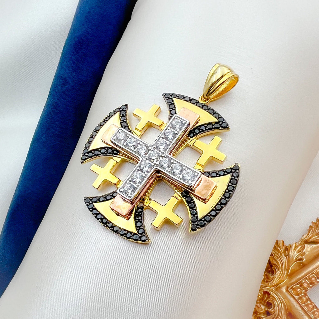 Jerusalem Cross Pendant with Black Onyx and Sparkling Zircons
