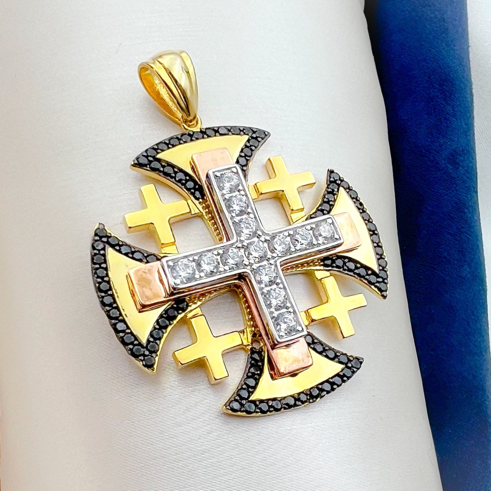 Jerusalem Cross Pendant with Black Onyx and Sparkling Zircons