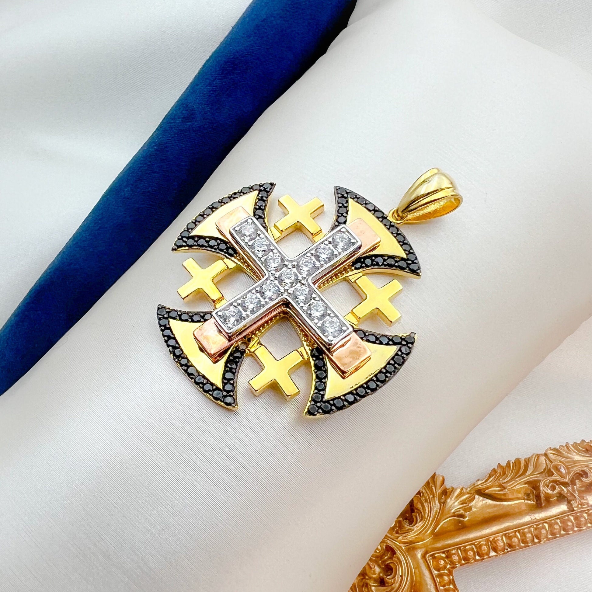 Jerusalem Cross Pendant with Black Onyx and Sparkling Zircons