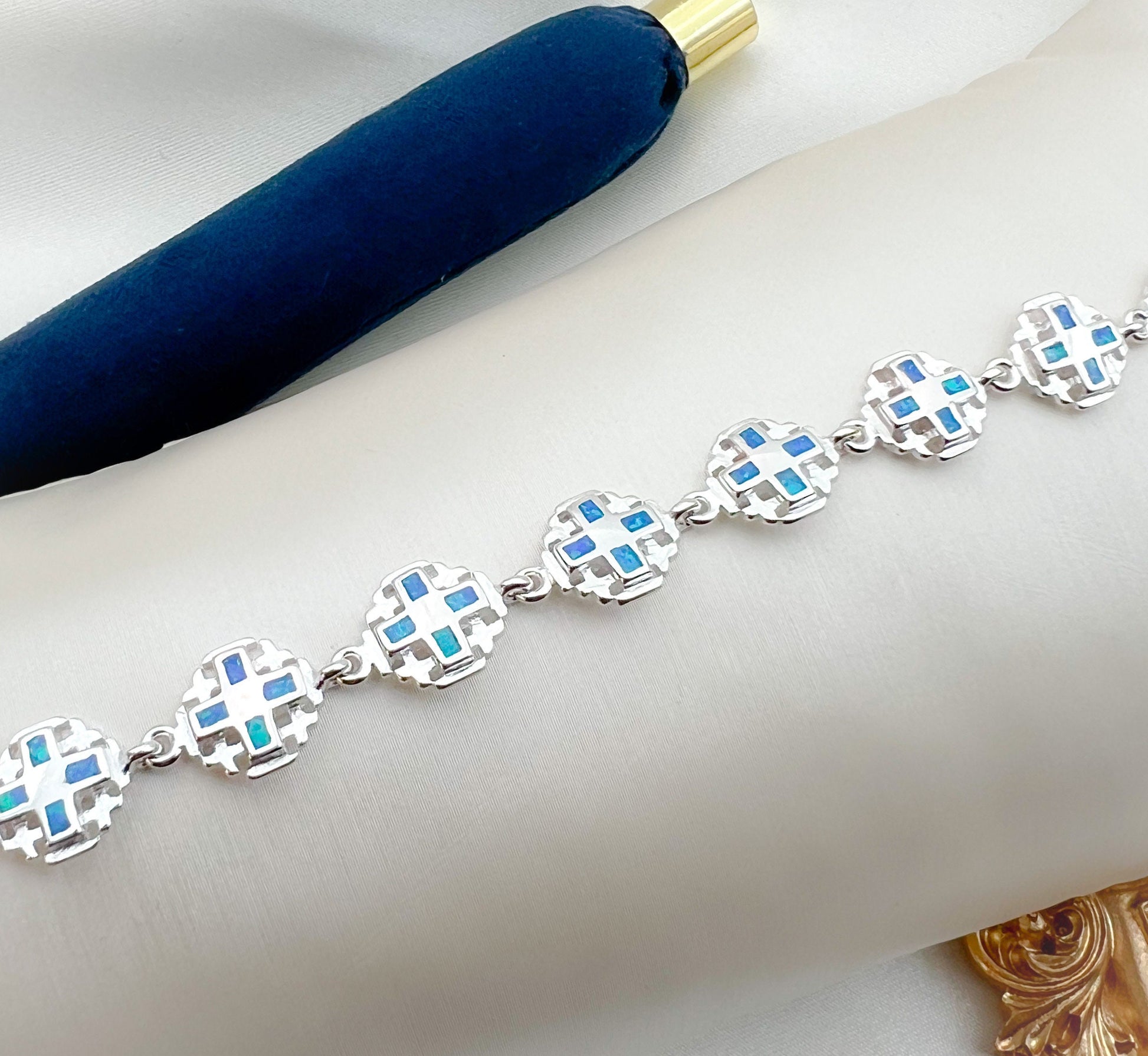 Blue Opal Jerusalem Cross Bracelet in Sterling Silver – Symbol of Faith and Elegance