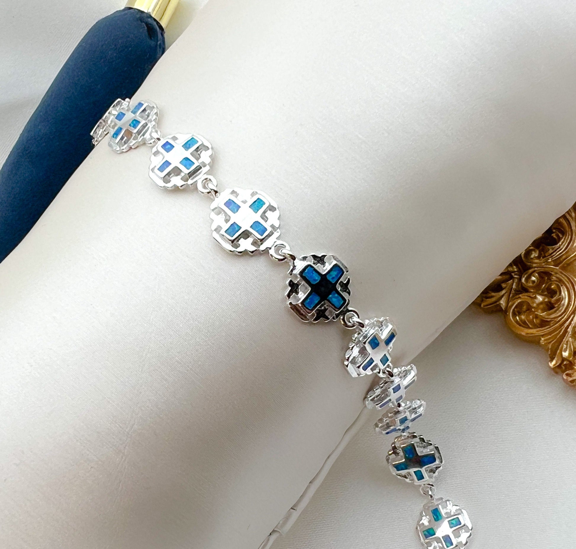 Blue Opal Jerusalem Cross Bracelet in Sterling Silver – Symbol of Faith and Elegance