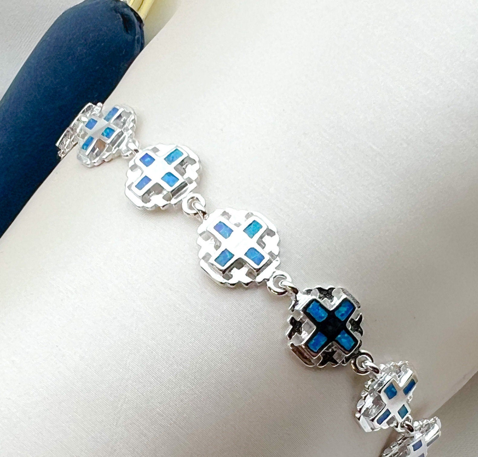 Blue Opal Jerusalem Cross Bracelet in Sterling Silver – Symbol of Faith and Elegance