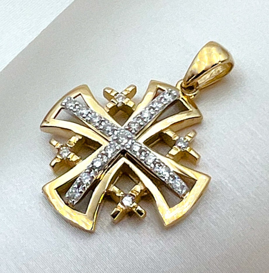 Divine Jerusalem Cross 14k Gold Pendant with 25 Diamonds 0.35ct