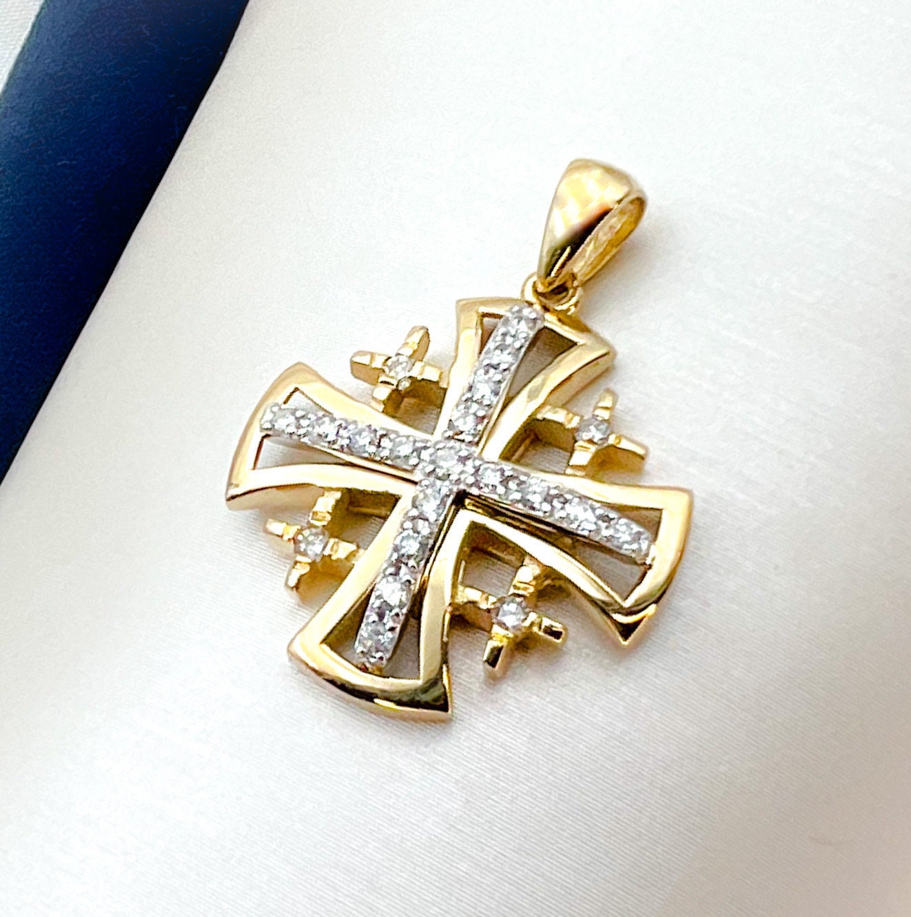 Divine Jerusalem Cross 14k Gold Pendant with 25 Diamonds 0.35ct