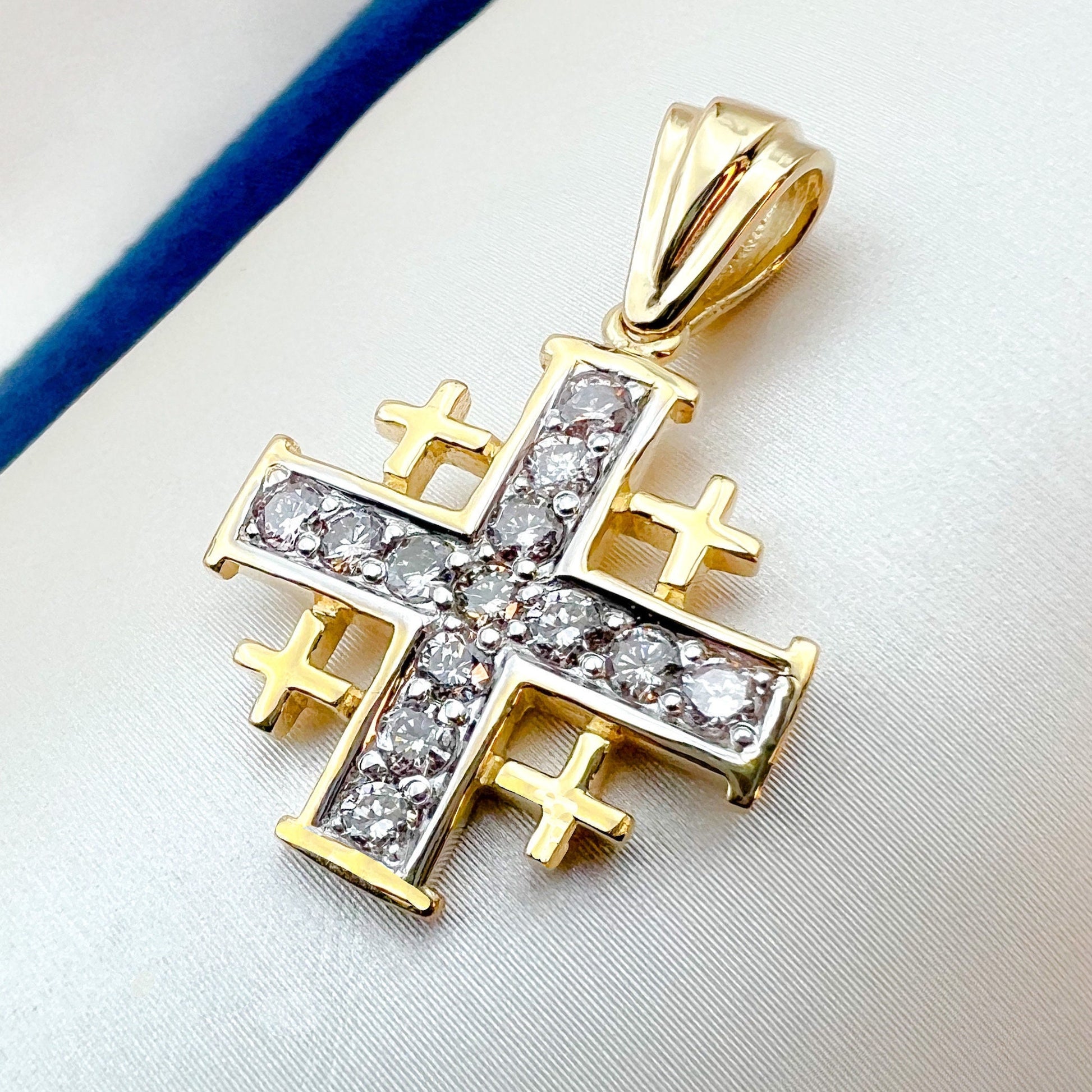 Jerusalem Cross Pendant | Symbol of Devotion with 13 Diamonds 0.65ct in 14k Gold