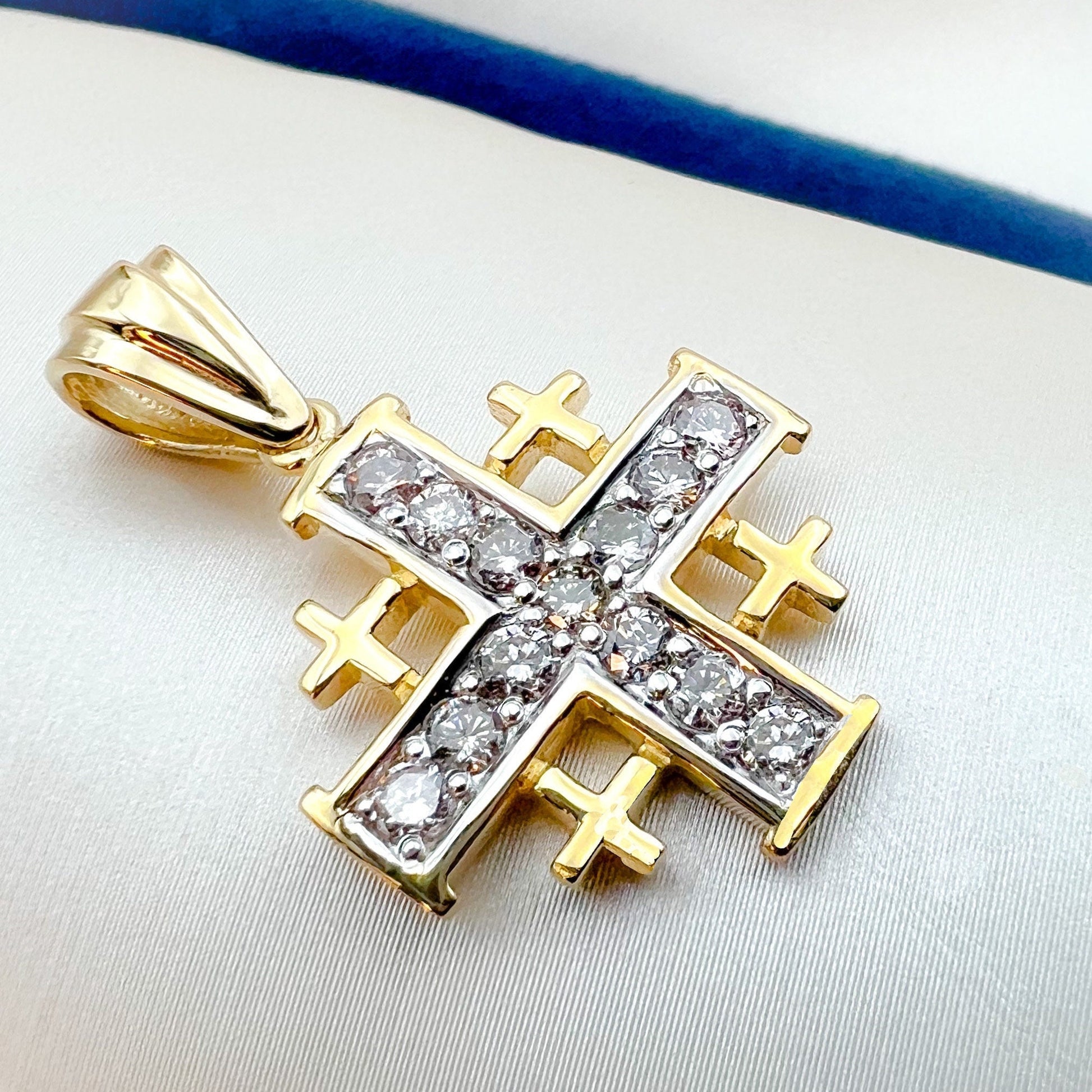 Jerusalem Cross Pendant | Symbol of Devotion with 13 Diamonds 0.65ct in 14k Gold