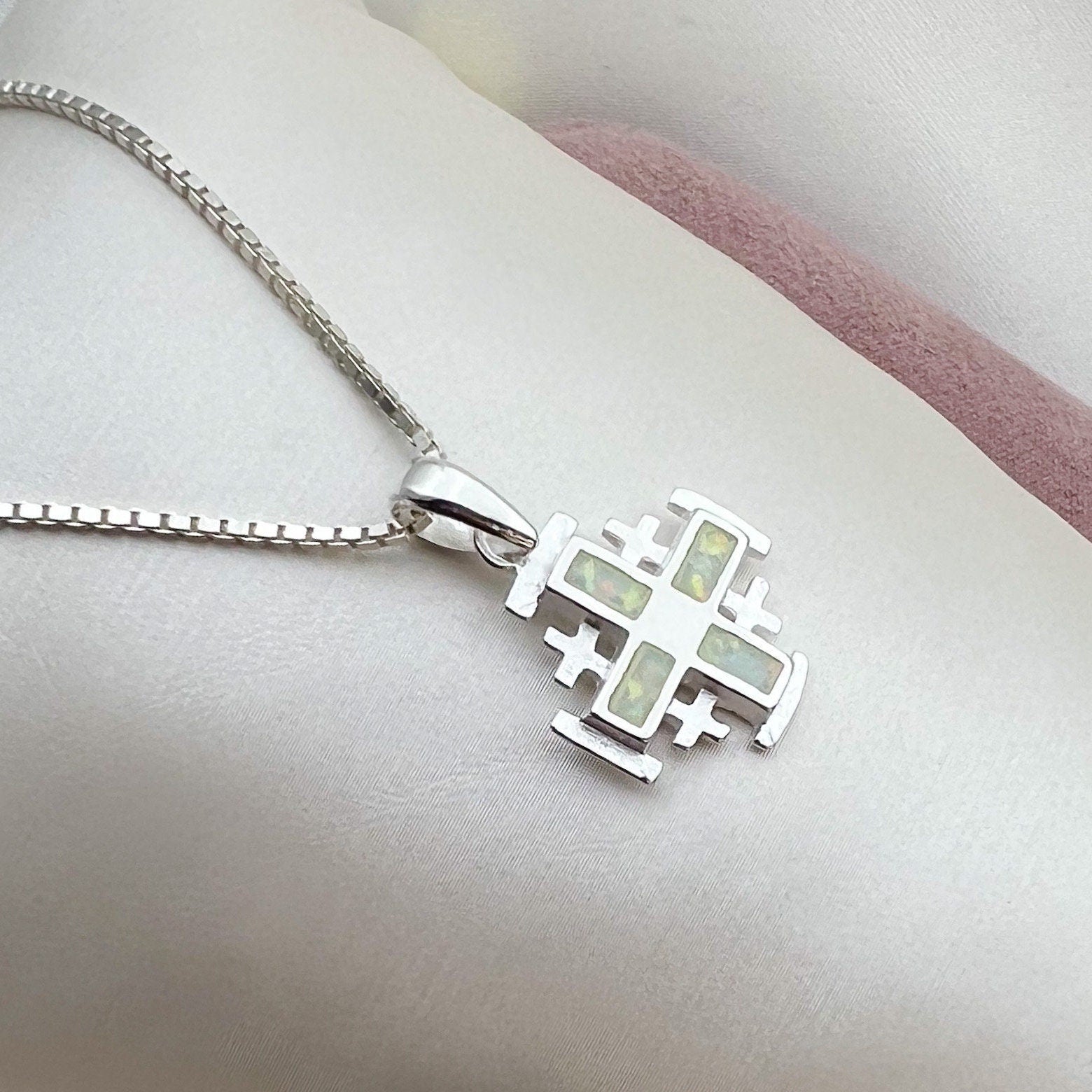 White Opal Jerusalem Cross Pendant – Silver 925 with Chain