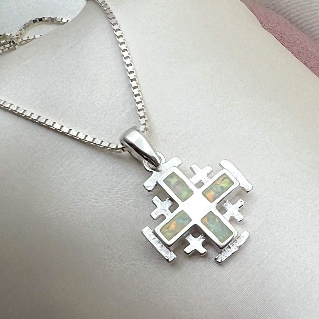 White Opal Jerusalem Cross Pendant – Silver 925 with Chain