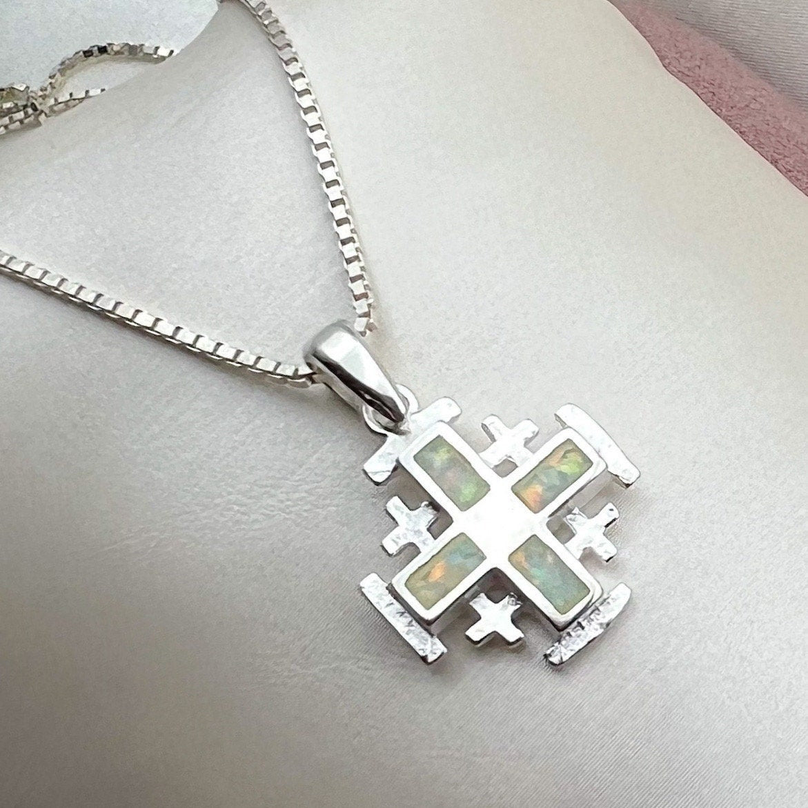 White Opal Jerusalem Cross Pendant – Silver 925 with Chain