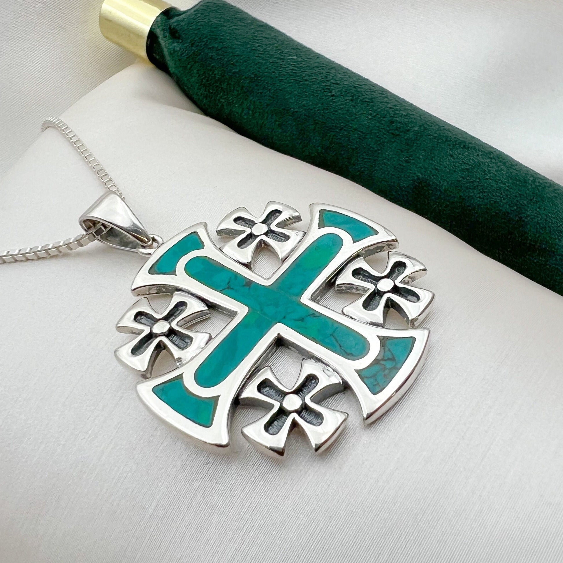 King Solomon’s Jerusalem Cross Pendant in Sterling Silver with Eilat Stone