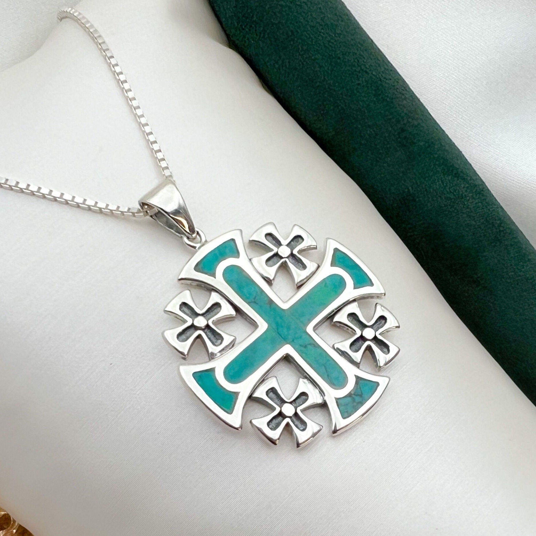 King Solomon’s Jerusalem Cross Pendant in Sterling Silver with Eilat Stone