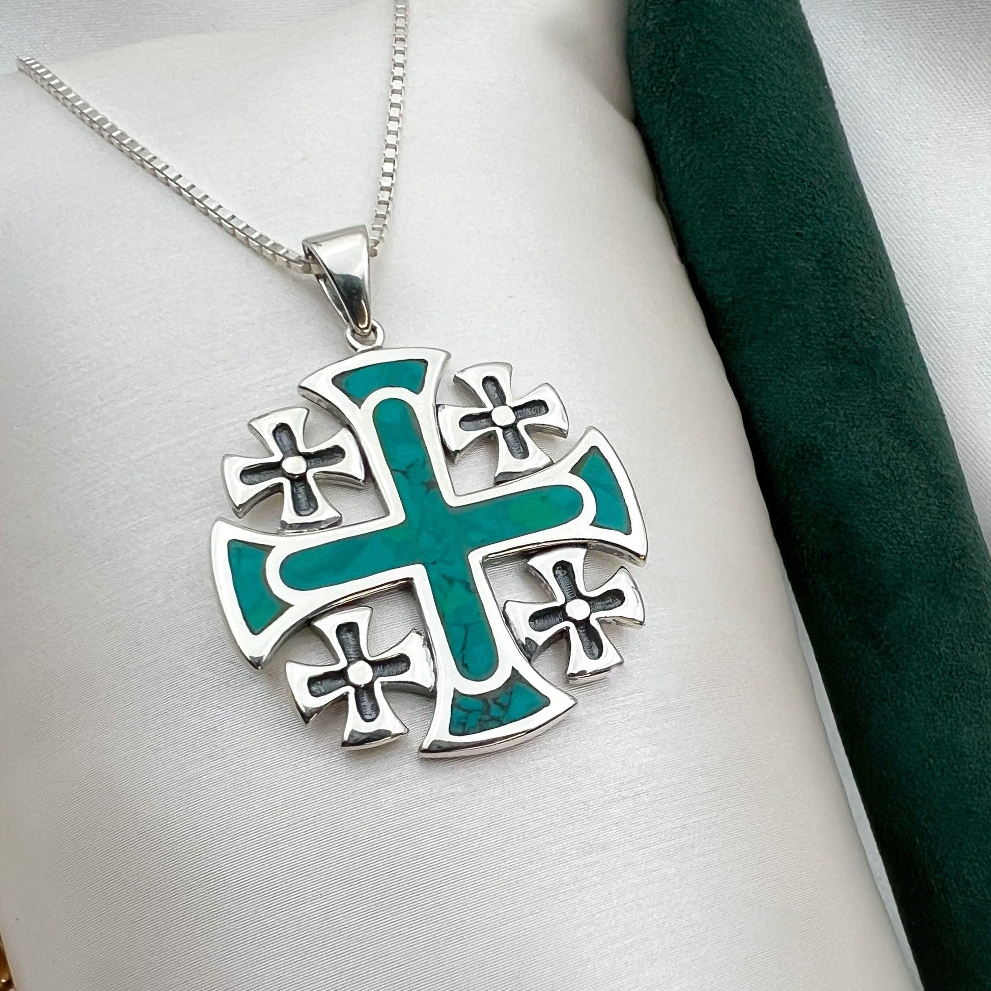 King Solomon’s Jerusalem Cross Pendant in Sterling Silver with Eilat Stone