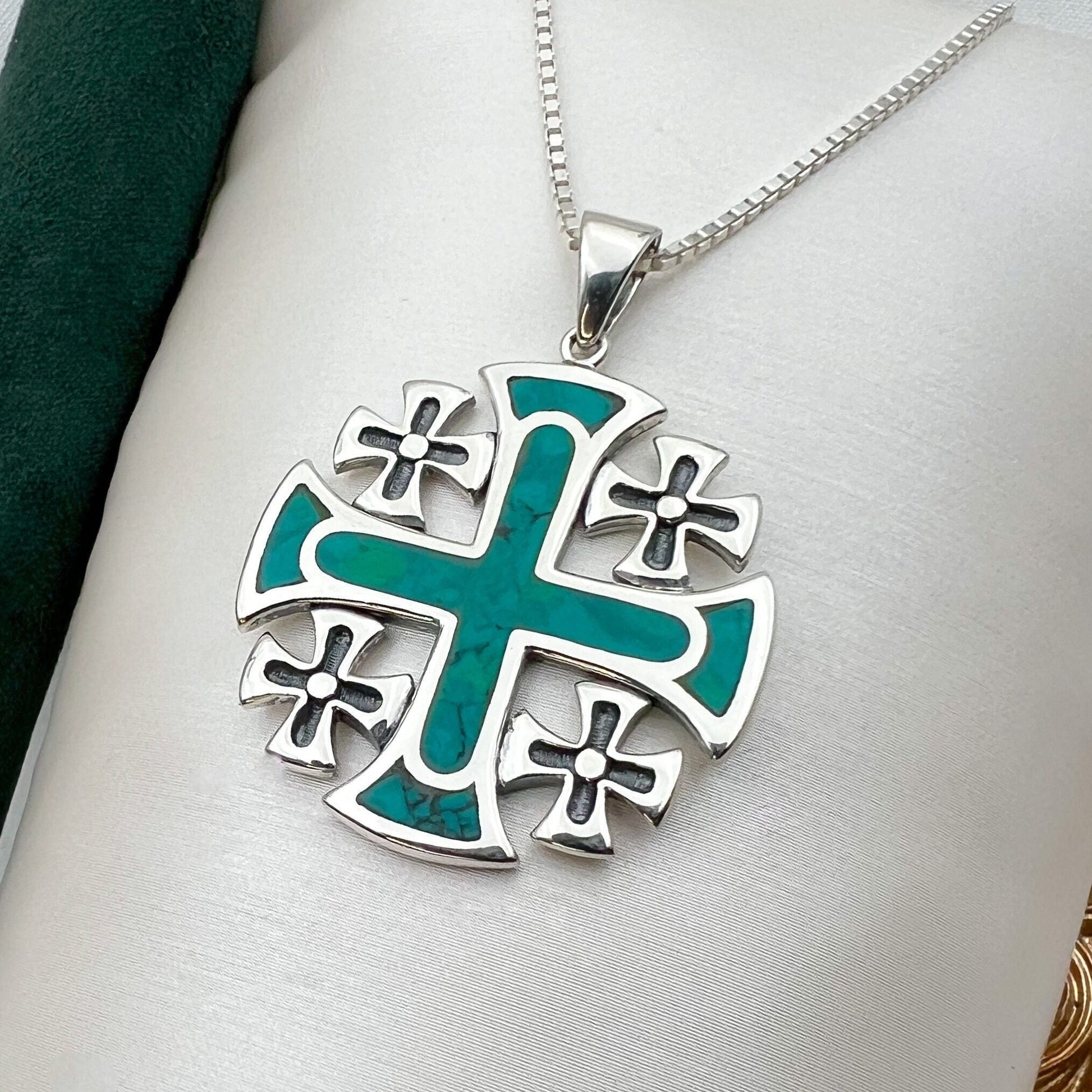 King Solomon’s Jerusalem Cross Pendant in Sterling Silver with Eilat Stone