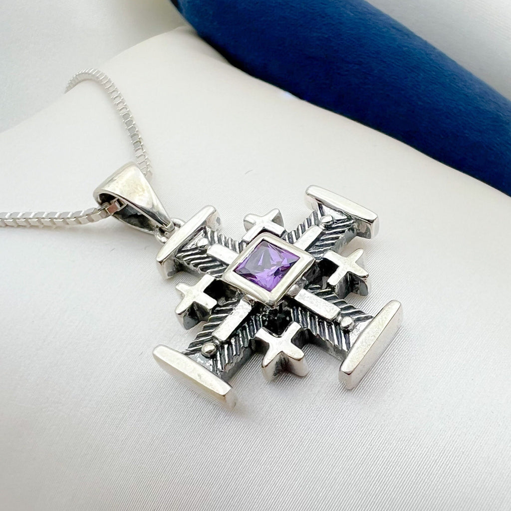 Jerusalem Cross Pendant in Silver 925 with Amethyst Center - Engraved with Jerusalem