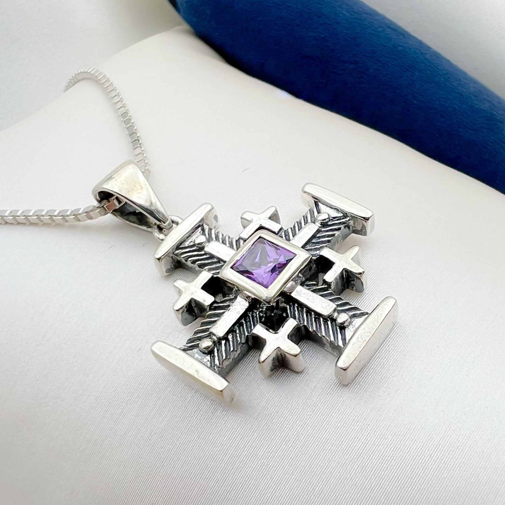 Jerusalem Cross Pendant in Silver 925 with Amethyst Center - Engraved with Jerusalem