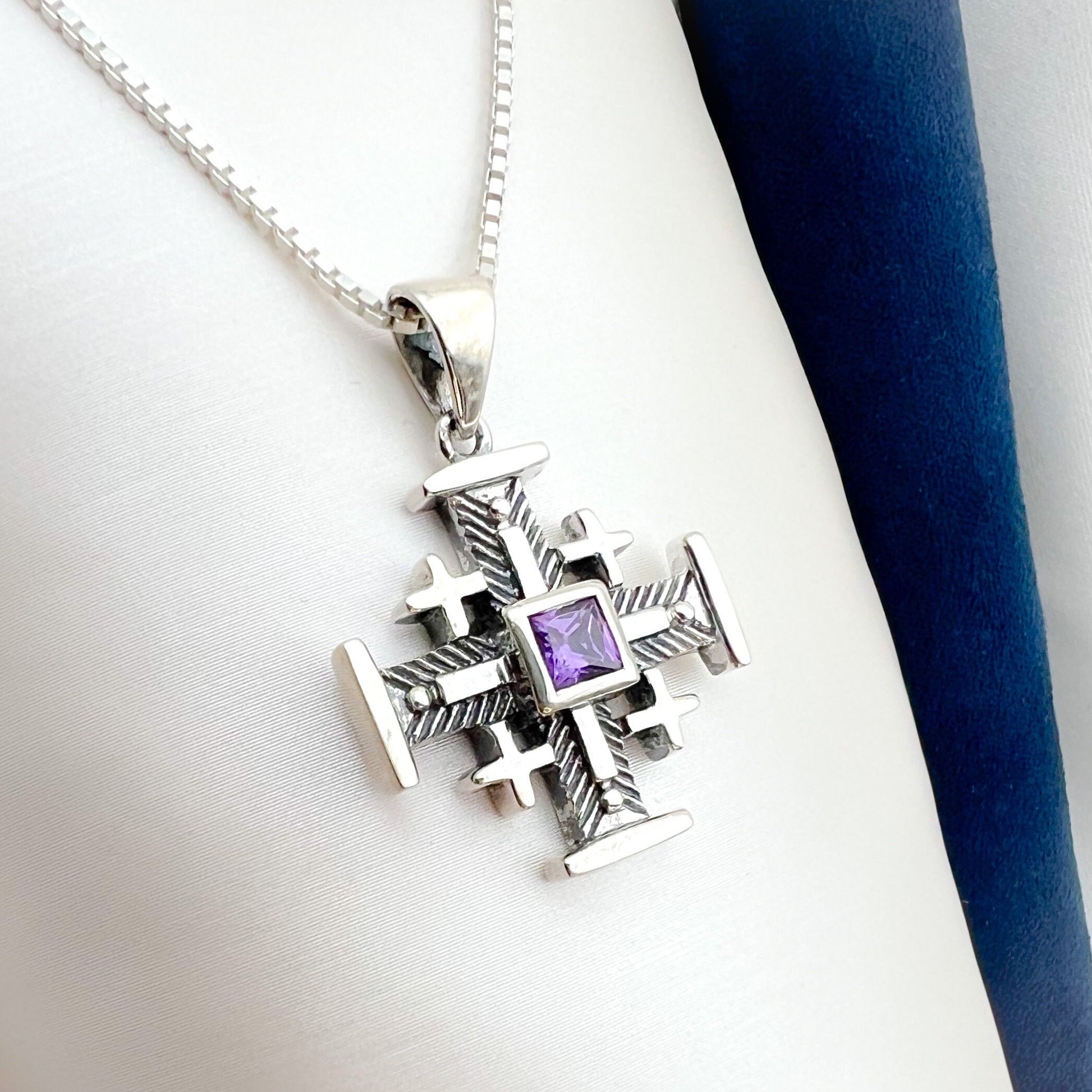 Jerusalem Cross Pendant in Silver 925 with Amethyst Center - Engraved with Jerusalem