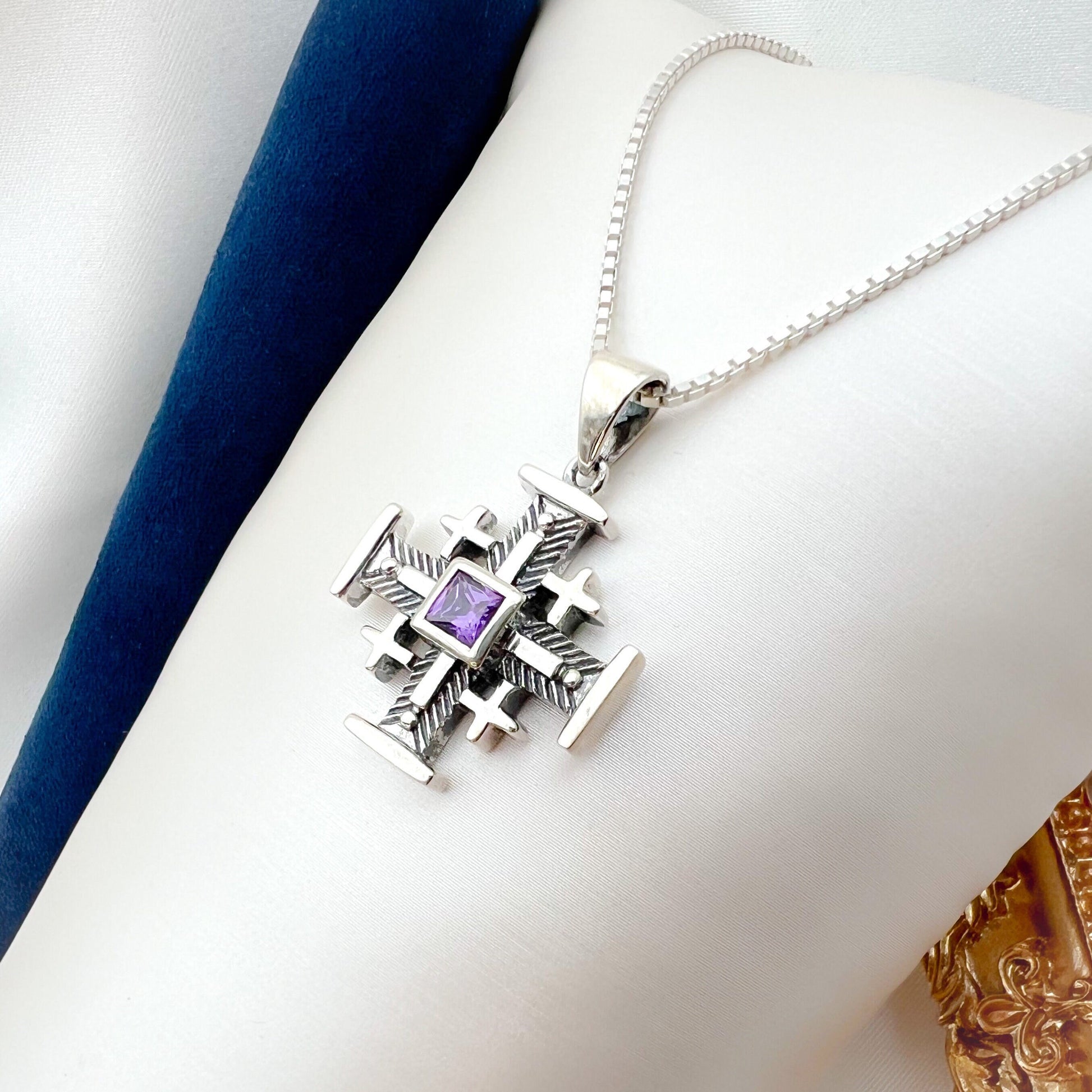 Jerusalem Cross Pendant in Silver 925 with Amethyst Center - Engraved with Jerusalem