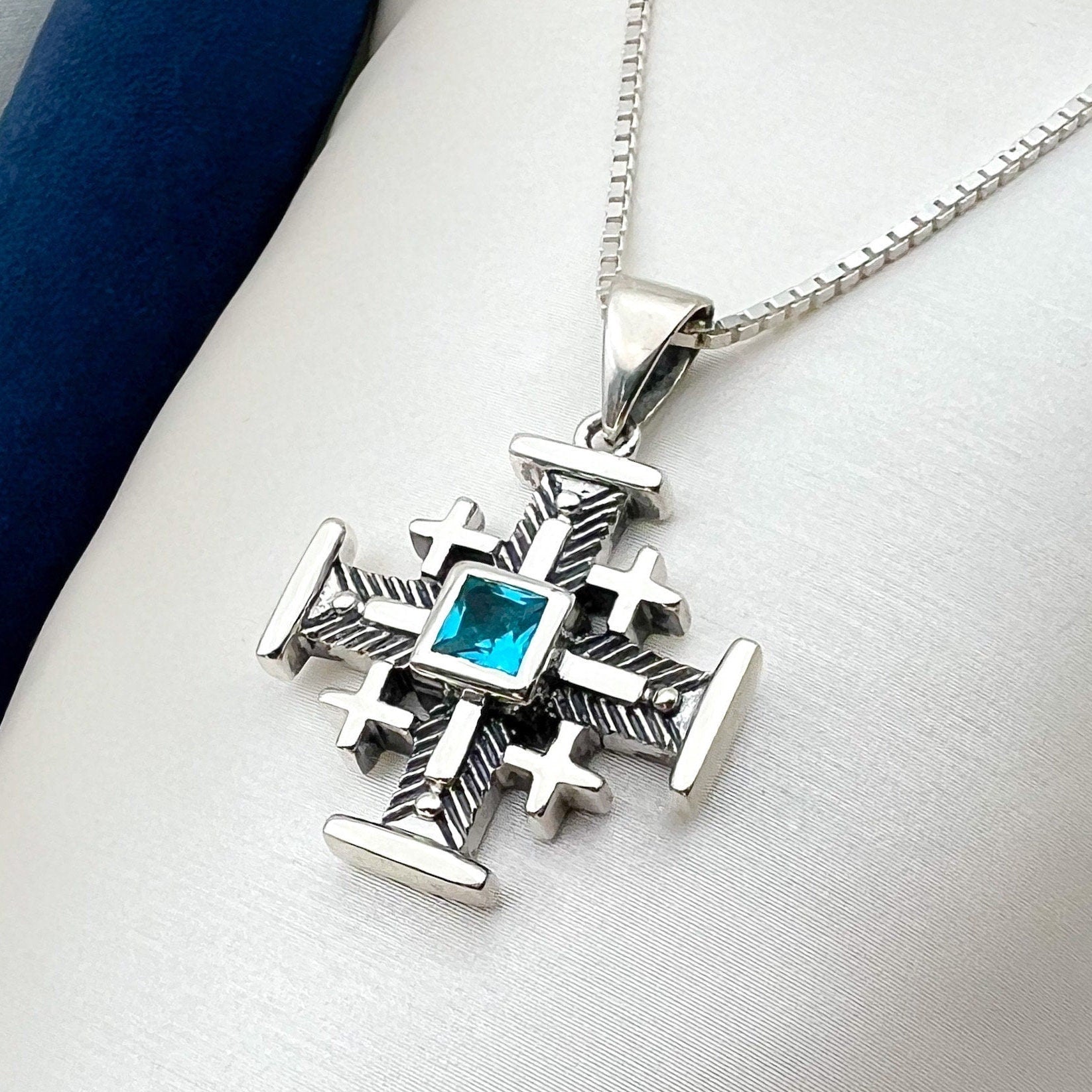 Holy Land Jerusalem Cross Pendant with Aquamarine Stone in Sterling Silver 925