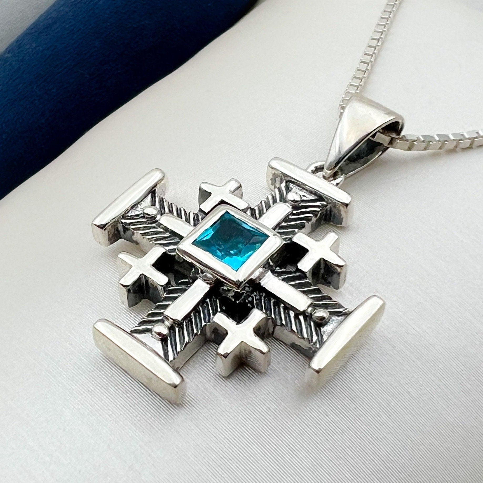 Holy Land Jerusalem Cross Pendant with Aquamarine Stone in Sterling Silver 925
