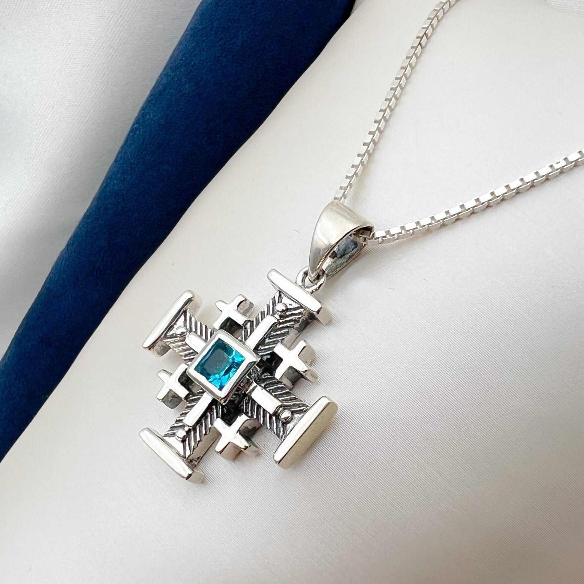 Holy Land Jerusalem Cross Pendant with Aquamarine Stone in Sterling Silver 925